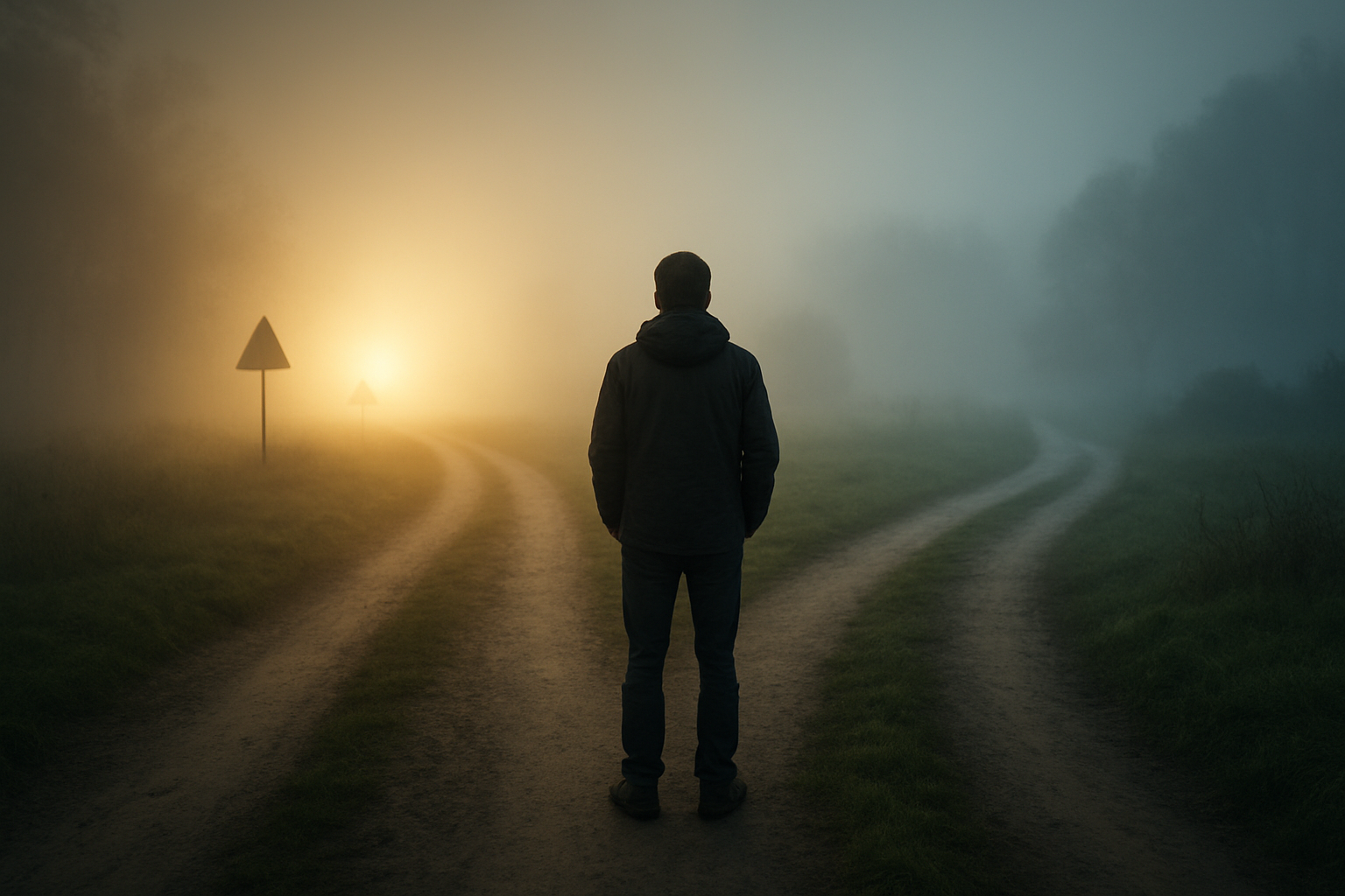 Create a realistic image of a person standing at a crossroads with two diverging paths, one path leading toward a bright but deceptive mirage-like glow with warning signs partially hidden in shadows, while the other path shows a more modest but genuine light in the distance, the scene set in a misty landscape with soft natural lighting that creates contrast between illusion and reality, emphasizing the concept of choosing between false promises and authentic hope, absolutely NO text should be in the scene.