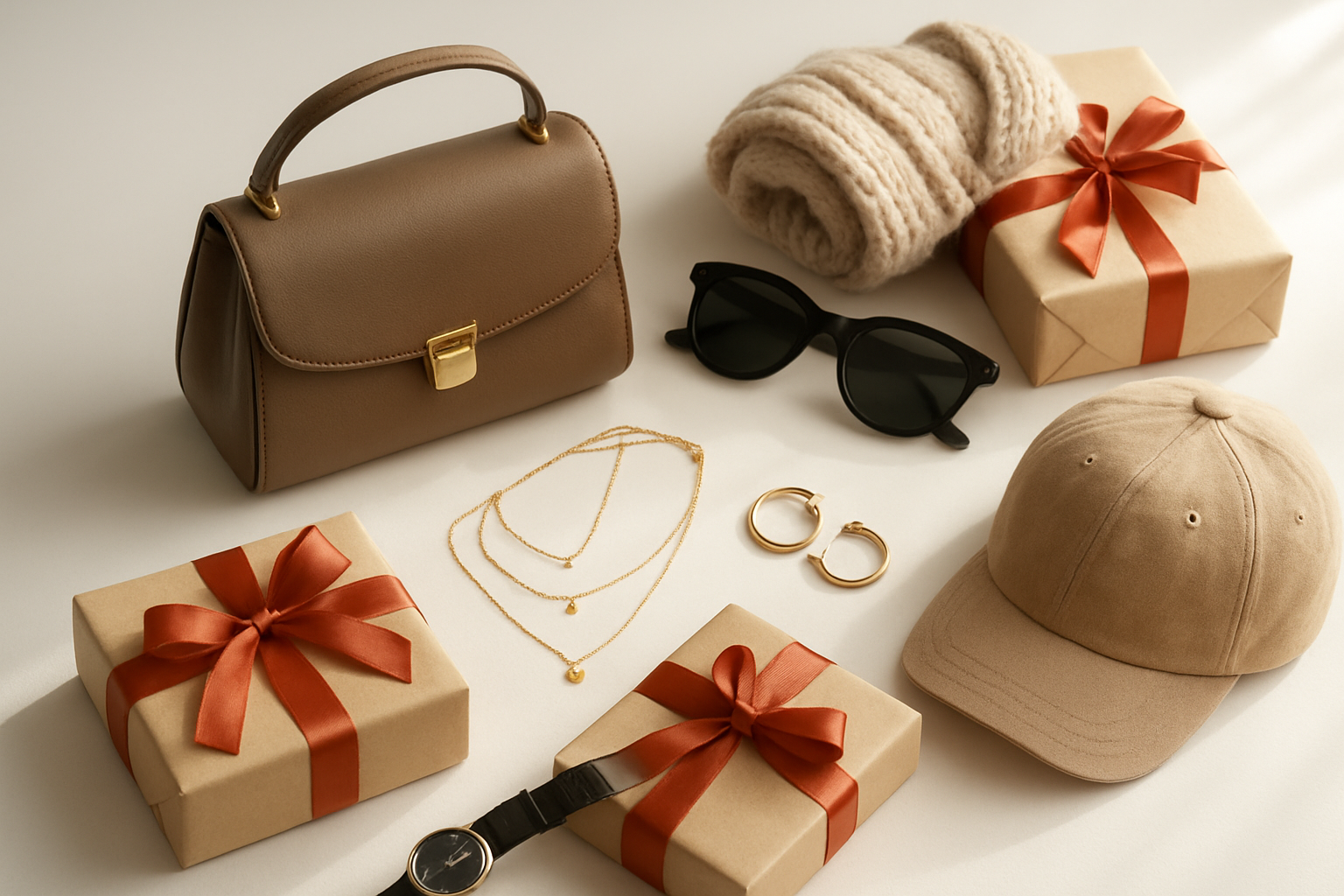 Create a realistic image of trendy fashion accessories and style items arranged as Christmas gifts on a clean white surface, including a stylish leather handbag, designer sunglasses, a chunky knit scarf, delicate jewelry pieces like layered necklaces and hoop earrings, a sleek watch, and a baseball cap, with some items partially wrapped in festive gift boxes with ribbons, soft natural lighting creating gentle shadows, warm and inviting atmosphere perfect for holiday gifting, absolutely NO text should be in the scene.