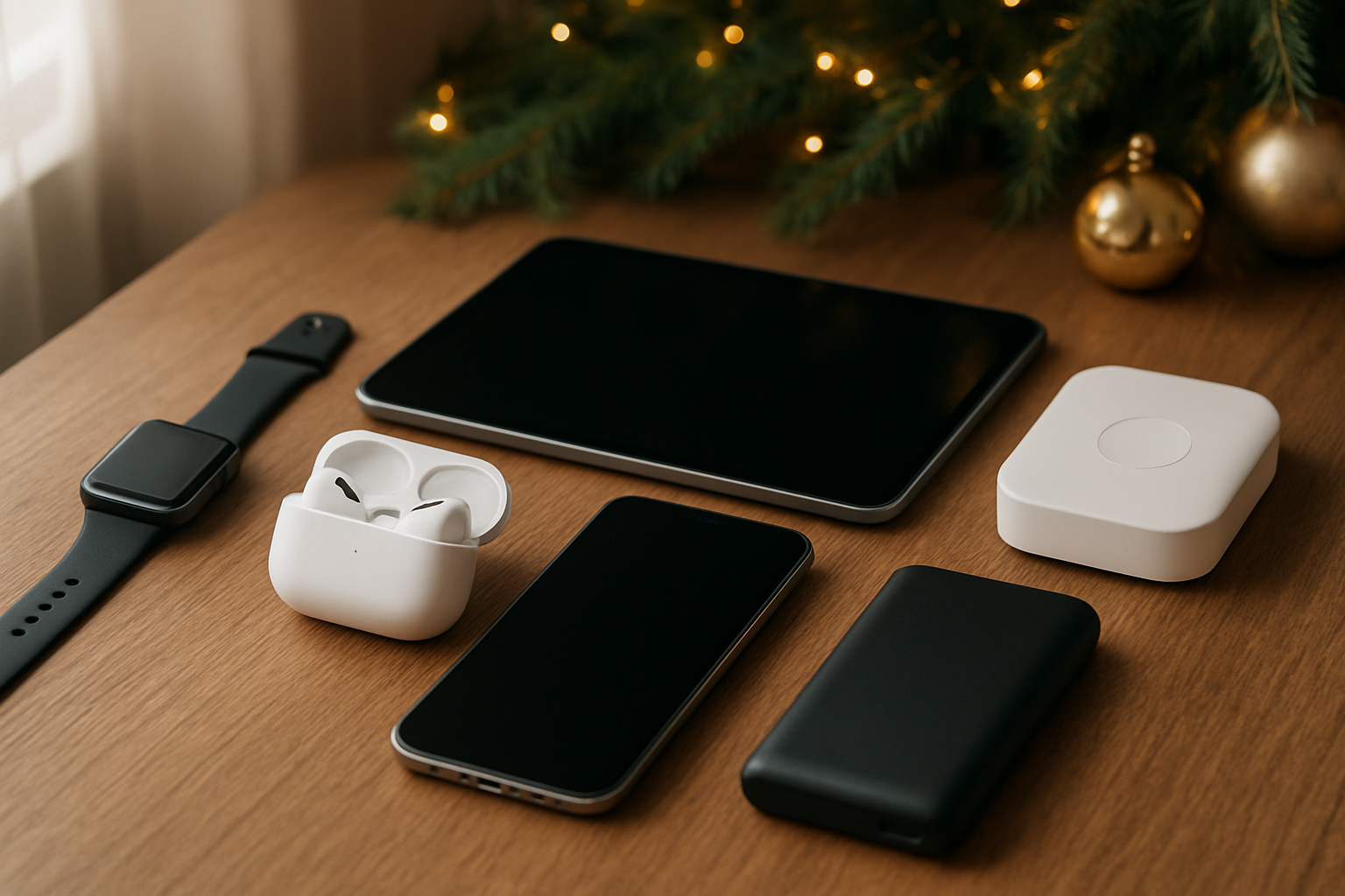 Create a realistic image of a neatly arranged collection of modern tech gadgets on a wooden table including a smartwatch, wireless earbuds in their case, a tablet, smartphone, smart home device, and portable phone charger, with warm Christmas lighting in the background featuring subtle holiday decorations like pine branches and gold ornaments, creating a cozy gift-giving atmosphere with soft natural lighting from a nearby window, absolutely NO text should be in the scene.