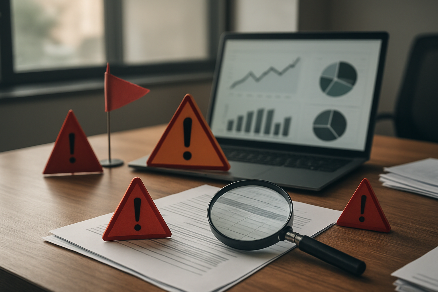 Create a realistic image of a professional office setting with warning symbols and cautionary elements scattered on a wooden desk, including red flag icons, warning triangles, and a magnifying glass examining suspicious documents, with a laptop computer displaying analytics charts in the background, under soft natural lighting from a window, creating a serious and alert mood that conveys the importance of being cautious when making business decisions, absolutely NO text should be in the scene.