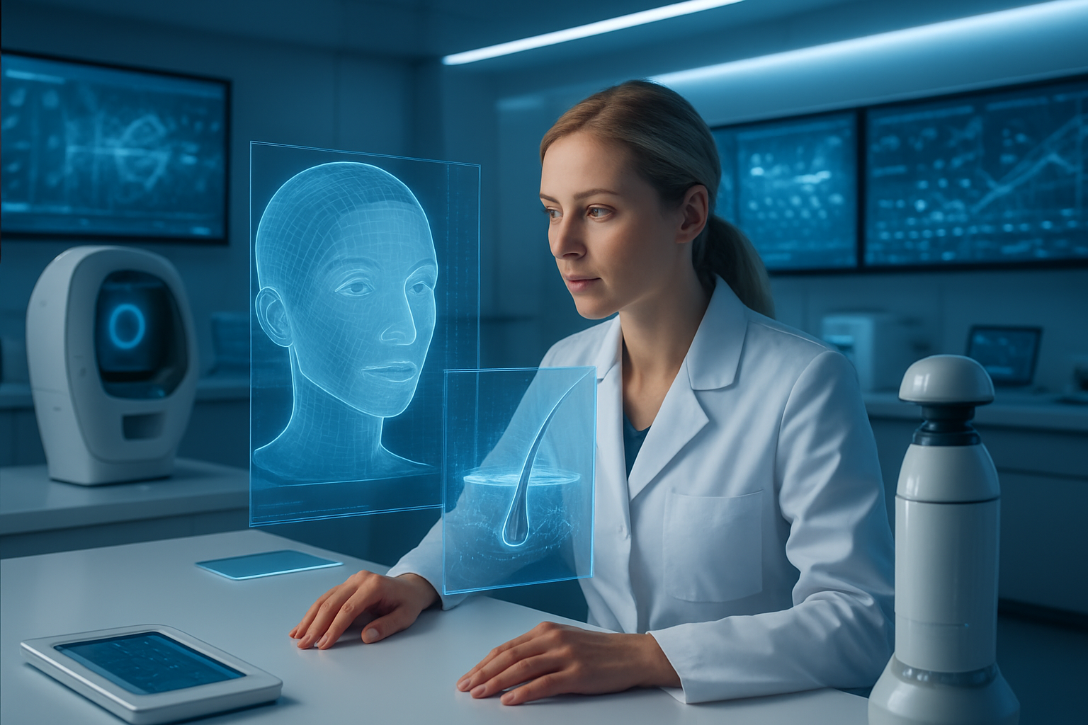 Create a realistic image of a sleek modern laboratory setting with advanced AI technology displays showing skin analysis data, featuring a white female researcher in a lab coat examining holographic projections of facial skin mapping and hair follicle analytics, surrounded by futuristic biometric scanning devices, digital screens displaying algorithmic beauty data patterns, and high-tech beauty analysis equipment, with soft blue LED lighting creating a clean scientific atmosphere, absolutely NO text should be in the scene.