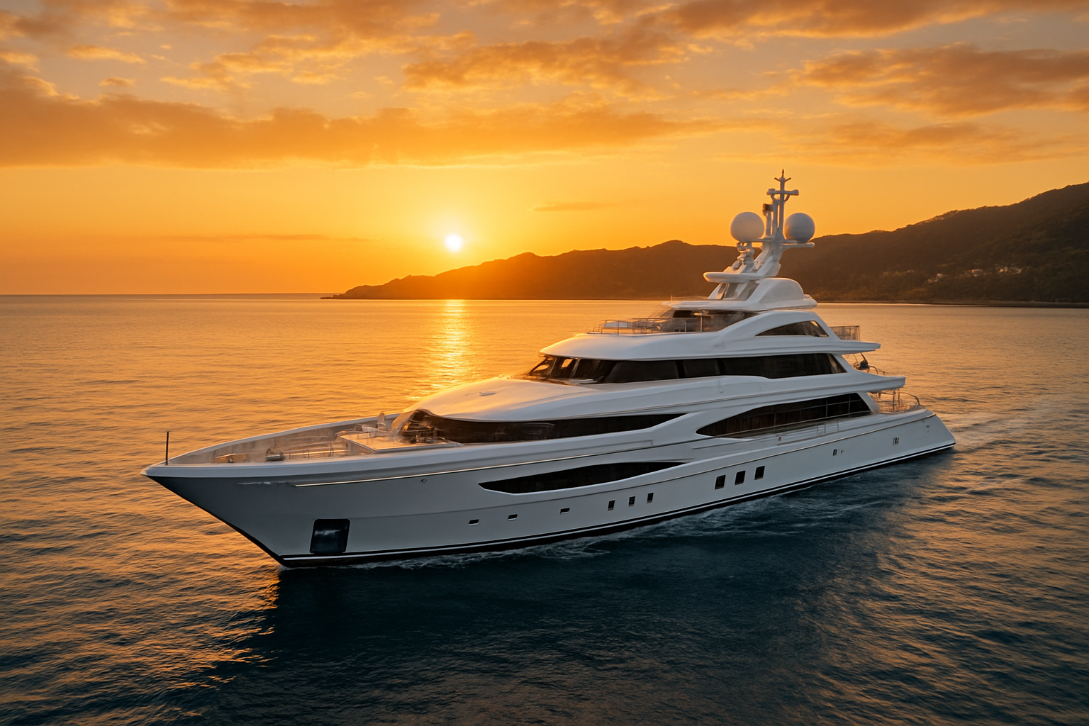 realistic image of a sleek, ultra-luxury superyacht gliding through calm, shimmering blue waters with the iconic Indian coastline visible in the background, featuring lush green hills and a warm golden sunset casting a rich amber glow across the sky and sea, the yacht's pristine white exterior reflecting the sunlight with elegant deck spaces visible, conveying a sense of exclusivity, aspiration, and the dawn of a new era in luxury travel, with a serene and sophisticated atmosphere. Absolutely NO text should be in the scene.