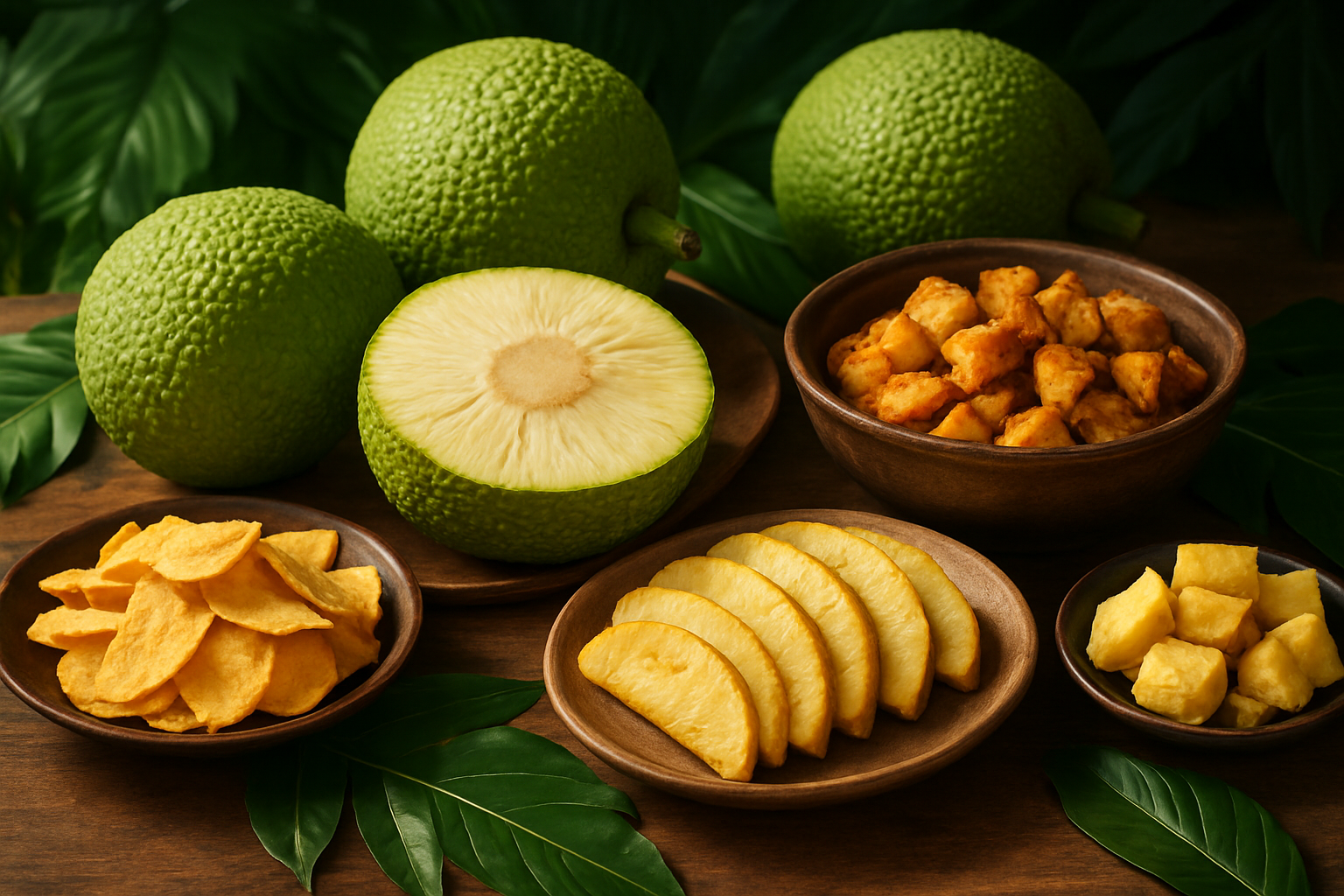 Create a realistic image of a beautifully arranged display showcasing the versatility of breadfruit, featuring whole fresh breadfruit with their distinctive green bumpy skin alongside various prepared breadfruit dishes including sliced cooked breadfruit, breadfruit chips, and breadfruit in different cooking stages, all artfully arranged on a rustic wooden table with tropical leaves and warm natural lighting creating an inviting and appetizing scene that celebrates this tropical superfood, absolutely NO text should be in the scene.