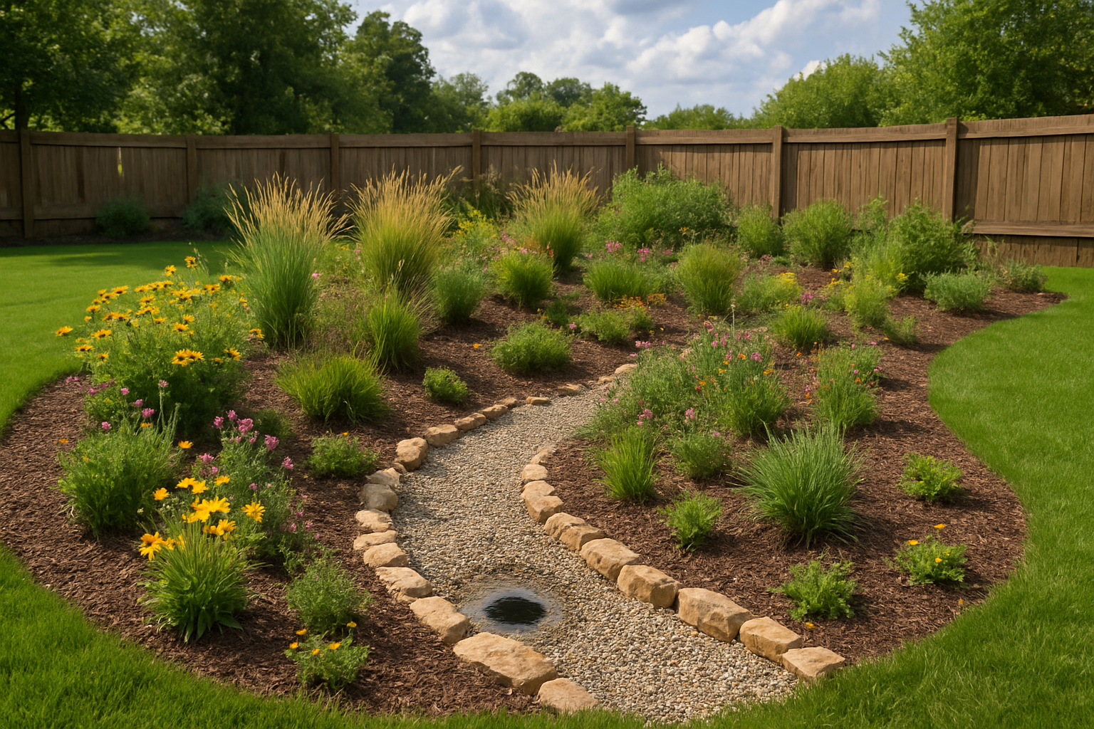 Create a realistic image of a well-designed rain garden in a residential backyard featuring a shallow, curved depression planted with native grasses, colorful wildflowers, and small shrubs, with a gravel pathway leading through it, natural stone borders defining the edges, mulched areas between plants, a small drainage inlet where water flows in, lush green lawn surrounding the garden, a wooden fence in the background, and a partly cloudy sky with natural daylight creating soft shadows, showing how rainwater naturally collects and filters through the landscaping, absolutely NO text should be in the scene.