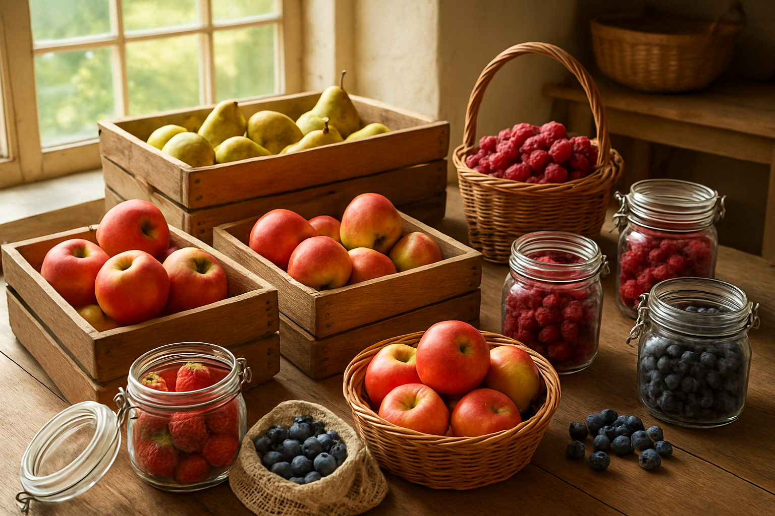 Create a realistic image of freshly harvested fruits including apples, pears, and berries arranged in wooden crates and wicker baskets on a rustic wooden table, with some fruits being placed into glass storage jars and mesh bags, set in a bright farmhouse kitchen or storage room with natural sunlight streaming through windows, creating a warm and productive atmosphere that showcases proper fruit harvesting and storage techniques, absolutely NO text should be in the scene.