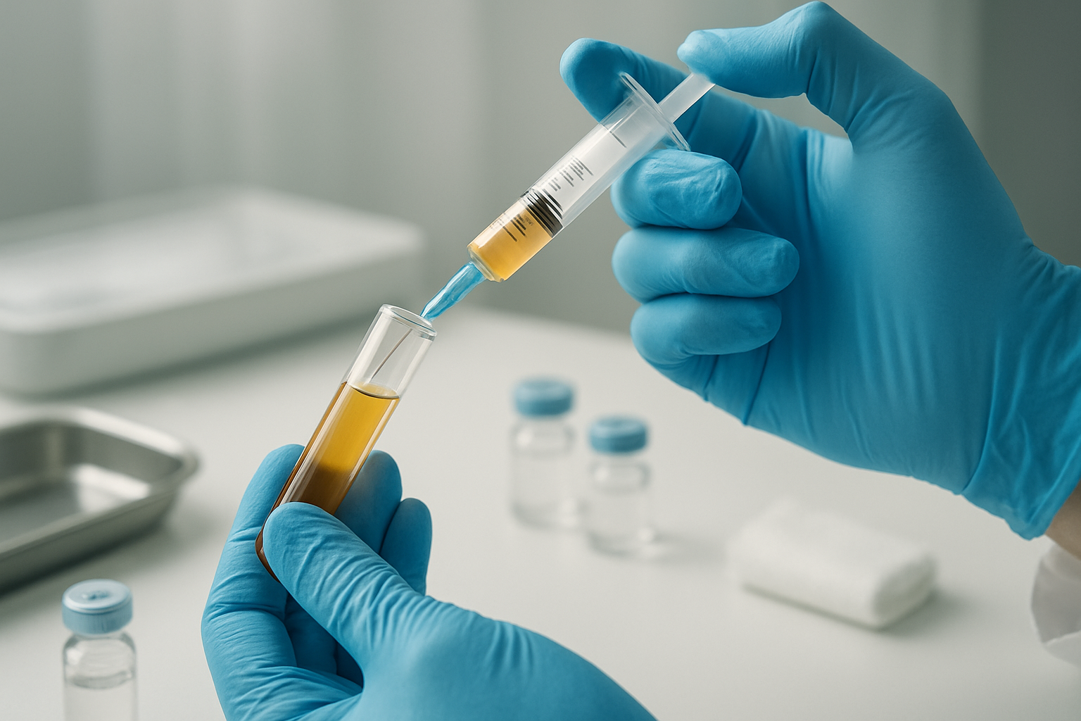 Create a realistic image of a medical professional's hands wearing blue latex gloves drawing platelet-rich plasma into a syringe from a test tube containing golden-yellow plasma, with medical equipment and vials visible on a clean white medical table, soft clinical lighting illuminating the scene, focusing on the precision of the PRP preparation process for hair loss treatment, absolutely NO text should be in the scene.