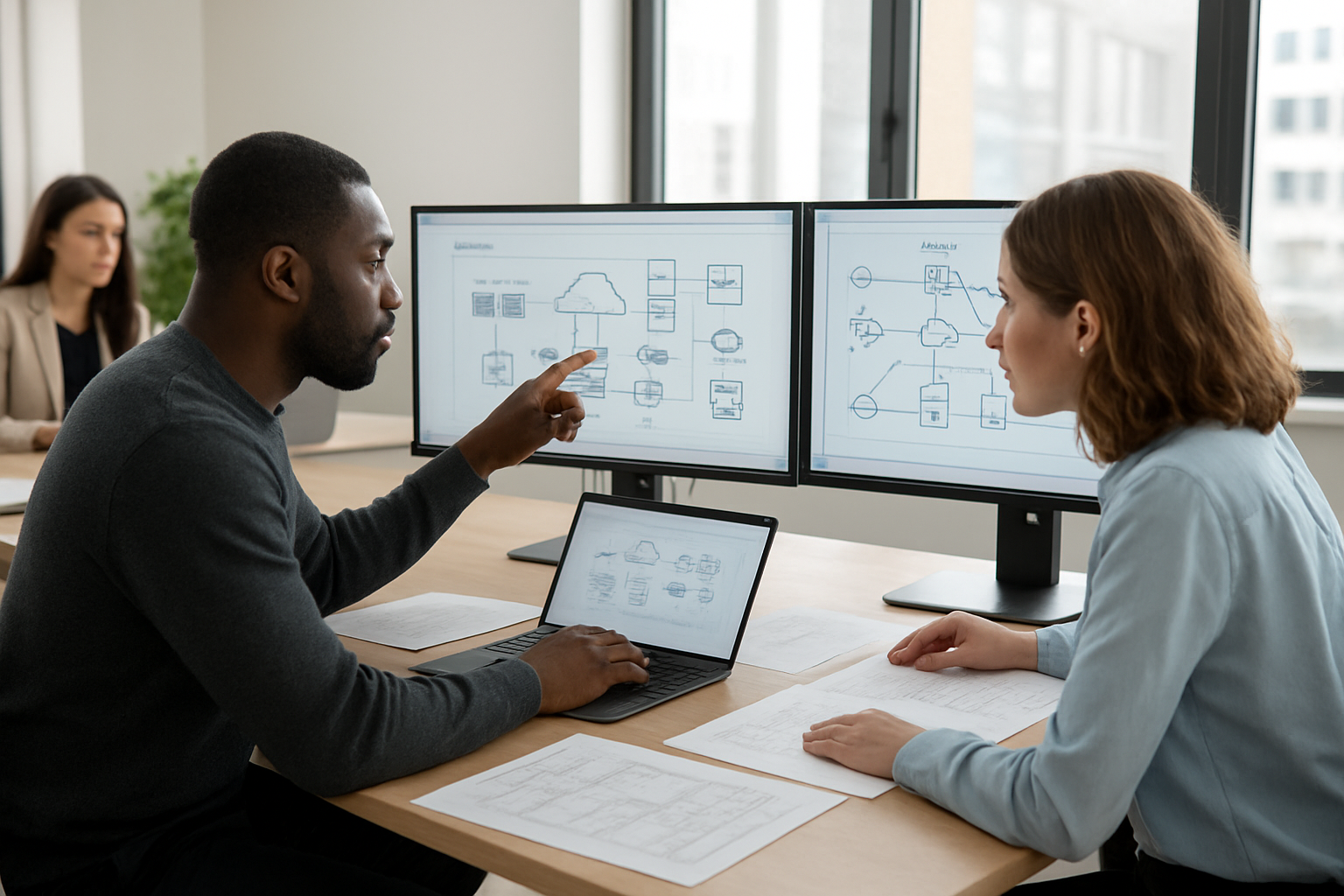 Create a realistic image of a modern office workspace with multiple computer monitors displaying AWS architecture diagrams, cloud service icons, and network topology charts, featuring a diverse team of professionals including a black male and white female software architect analyzing complex system dependencies on large screens, with laptops, technical documentation, and architectural blueprints spread across a conference table, set in a bright contemporary office environment with natural lighting from large windows, conveying a focused analytical atmosphere as the team evaluates cloud infrastructure components and service relationships, absolutely NO text should be in the scene.