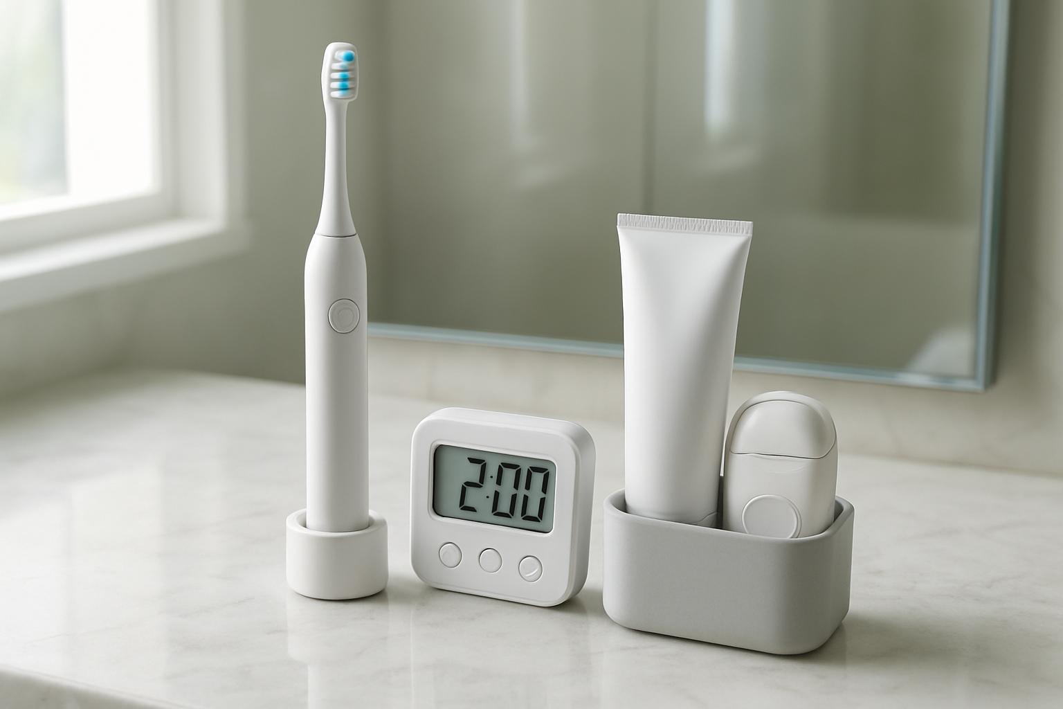 Create a realistic image of a modern bathroom counter scene showing time-saving dental care essentials arranged efficiently, featuring an electric toothbrush, timer, toothpaste, and dental floss neatly organized in a sleek holder, with a clean white marble countertop, soft natural lighting from a nearby window, and a blurred mirror reflection in the background creating a fresh morning atmosphere that conveys quick and efficient oral hygiene routine optimization, absolutely NO text should be in the scene.