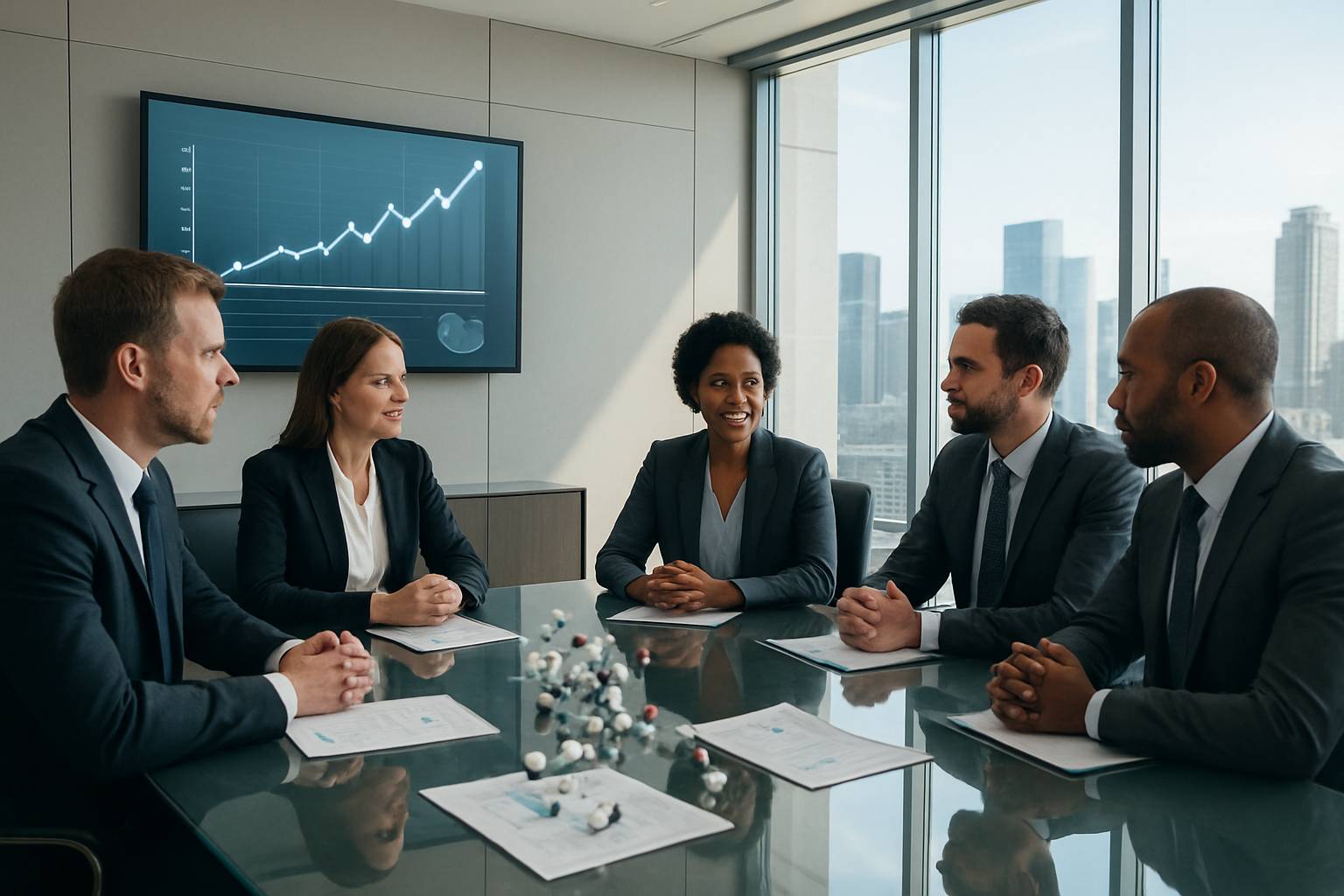 Create a realistic image of a modern pharmaceutical company boardroom with a large glass conference table surrounded by diverse business executives including white male and black female professionals in suits, with a large wall-mounted screen displaying upward trending charts and market leadership metrics, sleek corporate interior with floor-to-ceiling windows showing a city skyline, bright natural lighting creating an atmosphere of success and achievement, with molecular structure models and pharmaceutical research documents visible on the table, conveying transformation from struggle to triumph in the biotech industry, absolutely NO text should be in the scene.