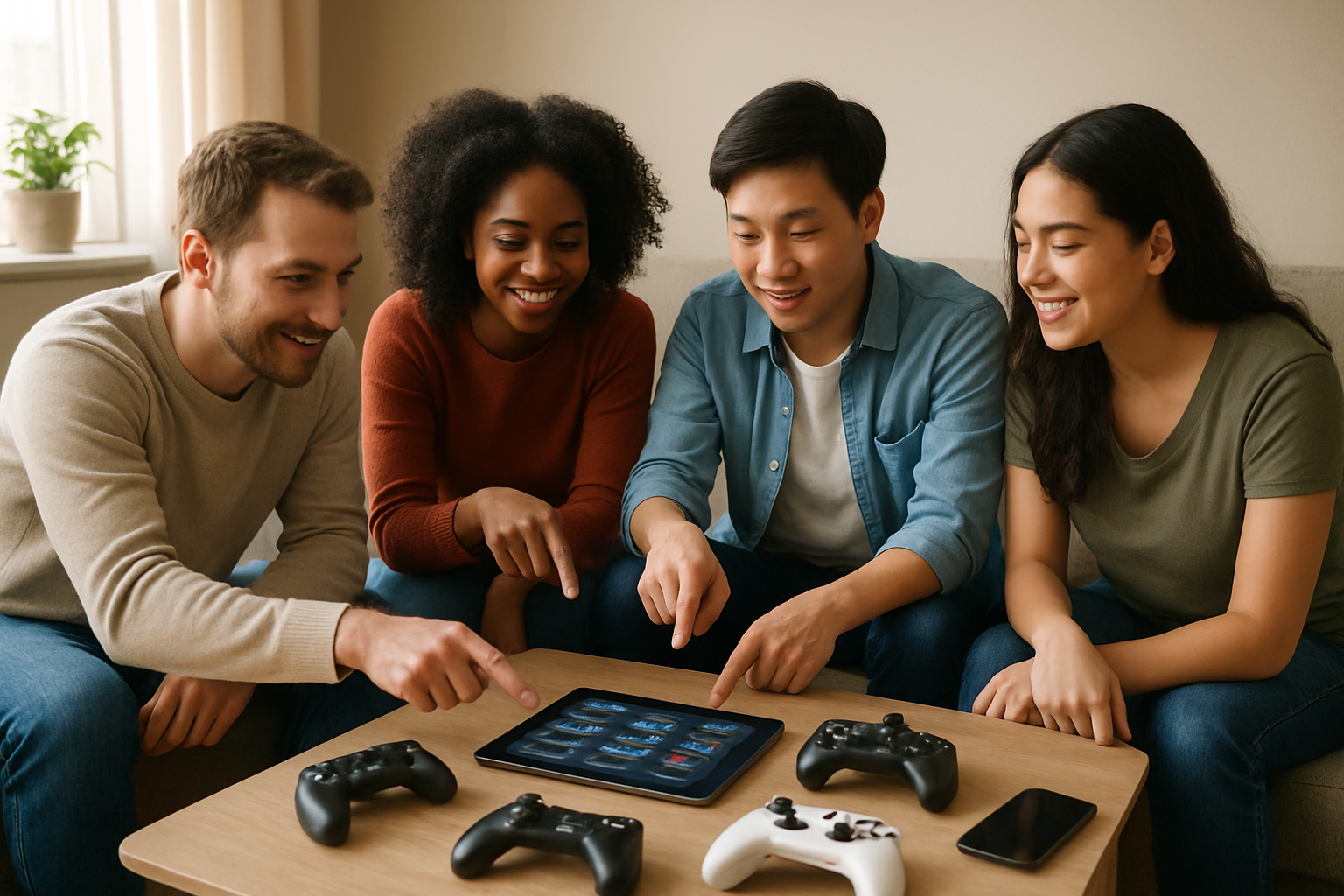 Create a realistic image of a diverse group of four friends sitting around a modern coffee table covered with various gaming items including multiple gaming controllers, a tablet displaying game options, gaming headsets, and smartphone devices, with the friends appearing to be in discussion and pointing at different gaming options, featuring a white male, black female, Asian male, and Hispanic female, all in casual clothing, set in a cozy modern living room with soft natural lighting from a nearby window, warm and friendly atmosphere suggesting collaborative decision-making, absolutely NO text should be in the scene.