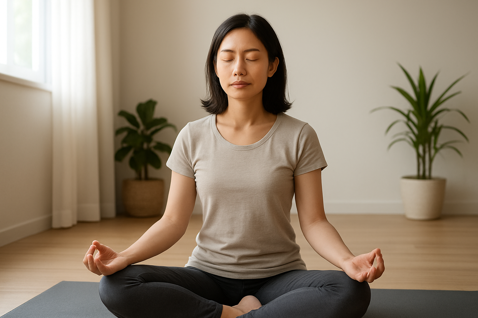 Create a realistic image of a calm Asian female in her 30s sitting cross-legged on a yoga mat in a peaceful indoor space, eyes gently closed while practicing deep breathing meditation, with her hands resting on her knees in a relaxed position, surrounded by soft natural lighting from a nearby window, minimalist decor with a few green plants in the background, creating a serene and tranquil atmosphere that conveys immediate stress relief and mindfulness, absolutely NO text should be in the scene.