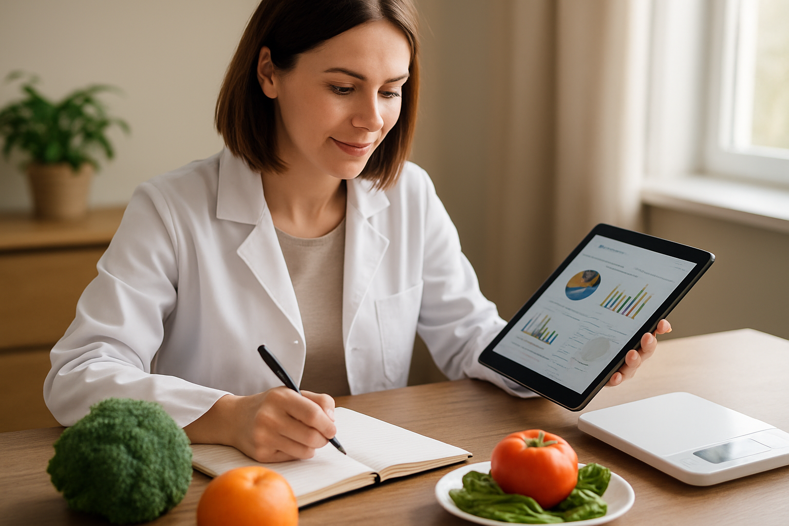 Create a realistic image of a white female nutritionist sitting at a modern desk reviewing diet tracking charts and graphs on a tablet while making handwritten notes in a nutrition journal, with fresh fruits, vegetables, and a measuring scale visible on the desk, warm natural lighting from a window, professional yet approving atmosphere showing progress evaluation, absolutely NO text should be in the scene.