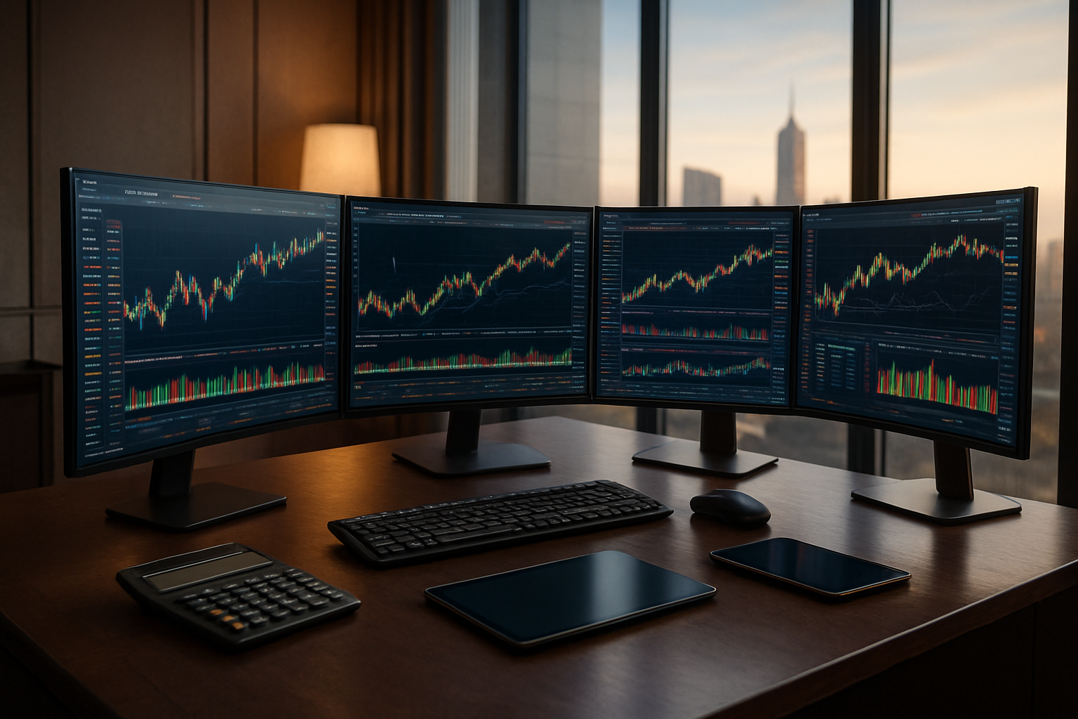 Create a realistic image of a sophisticated trading setup featuring multiple large curved monitors displaying advanced stock trading platforms with colorful charts, graphs, and market data, positioned on a sleek modern desk in an upscale office environment with premium finishes, soft ambient lighting from floor-to-ceiling windows showing a city skyline, with professional trading equipment including high-end keyboards, financial calculators, and tablets scattered on the polished surface, captured in warm natural lighting that emphasizes the luxury and technology aspects of the workspace, absolutely NO text should be in the scene.
