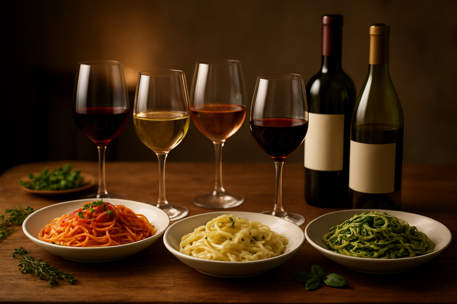 Create a realistic image of an elegant dining table showcasing the fundamentals of wine and pasta pairing with multiple wine glasses filled with different types of wine (red, white, and rosé) positioned next to various pasta dishes including spaghetti with tomato sauce, creamy fettuccine alfredo, and pesto linguine, with wine bottles standing nearby, fresh herbs scattered around, and warm ambient lighting creating an inviting atmosphere that emphasizes the educational aspect of pairing wines with different pasta varieties, absolutely NO text should be in the scene.
