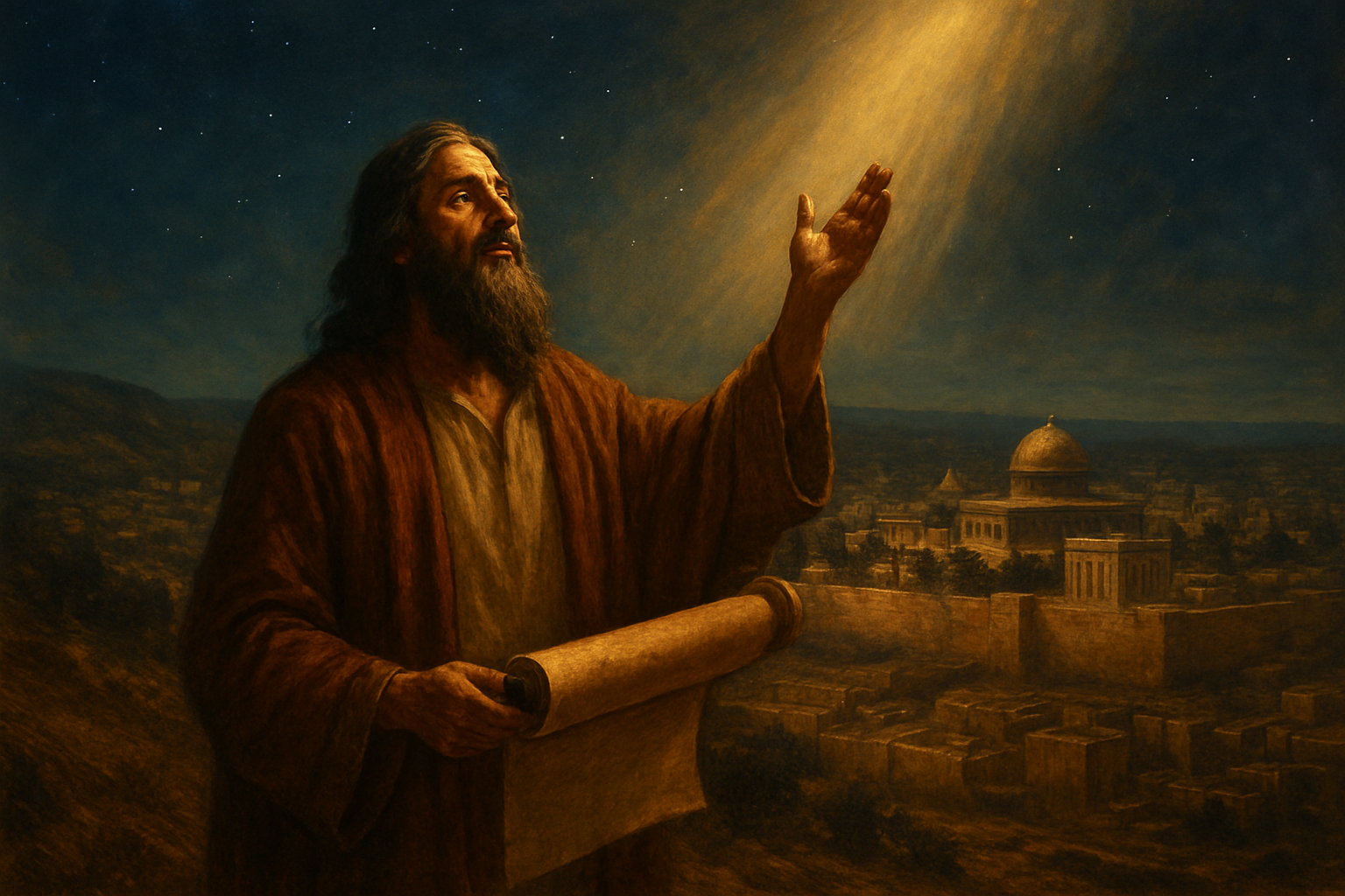 Create a realistic image of an ancient biblical prophet, middle-eastern male with long dark hair and beard wearing traditional robes, standing on a hillside overlooking Jerusalem with ancient stone buildings and temple structures, holding an unfurled scroll with one hand raised toward the starry night sky, divine golden light beaming down from above illuminating the scene, creating a solemn and reverent atmosphere that conveys spiritual prophecy and divine revelation, with warm amber and deep blue tones throughout the composition, absolutely NO text should be in the scene.