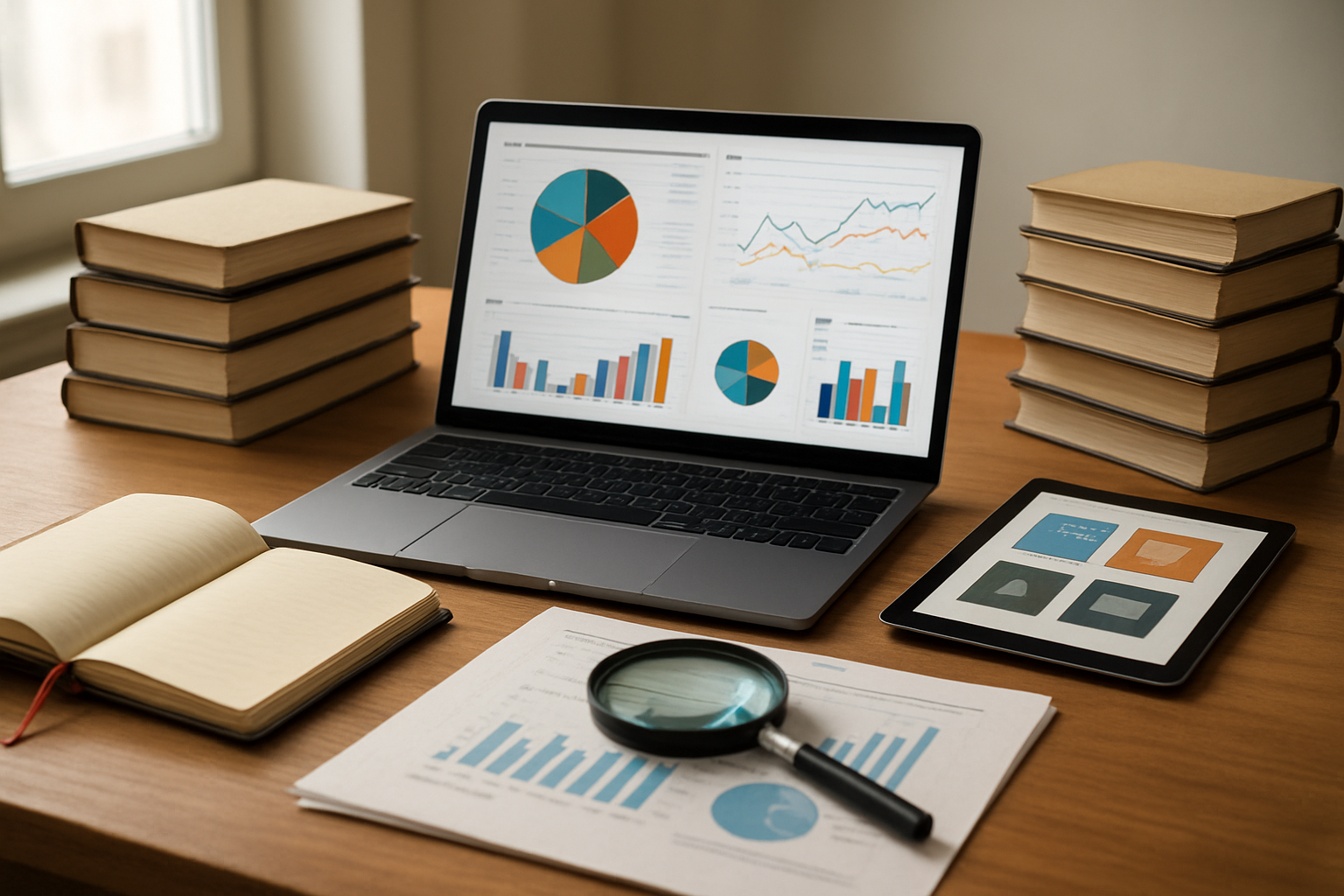 Create a realistic image of a modern workspace with an open laptop displaying colorful data charts and analytics dashboards, surrounded by organized stacks of books, research notebooks with bookmarks, and a tablet showing book covers, with a magnifying glass placed over market research documents, set on a clean wooden desk with soft natural lighting from a window, conveying an efficient and organized research environment, absolutely NO text should be in the scene.