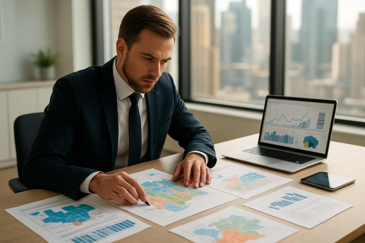 Create a realistic image of a professional white male investor in a dark business suit sitting at a modern office desk, studying multiple real estate market reports and maps spread across the surface, with a laptop displaying property analytics charts, a tablet showing demographic data, and a smartphone nearby, surrounded by a bright contemporary office environment with large windows showing a city skyline in the background, conveying a focused and analytical mood as he evaluates different geographic markets for potential rental property investments, with warm natural lighting filtering through the windows creating a productive afternoon atmosphere, absolutely NO text should be in the scene.