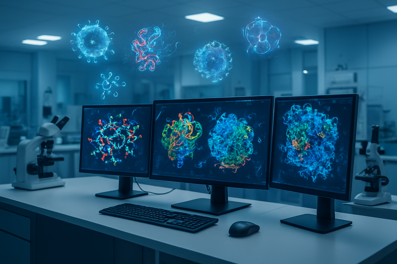 Create a realistic image of a sophisticated computer workstation displaying complex 3D molecular structures and protein models on multiple high-resolution monitors, with detailed atomic bonds and molecular chains visible in vibrant colors, scientific laboratory equipment including microscopes and analytical instruments in the background, modern research facility setting with clean white surfaces and LED lighting, floating holographic-style molecular visualizations above the desk showing vaccine components and viral structures, pharmaceutical research atmosphere with a futuristic yet clinical mood, soft blue and white ambient lighting creating a high-tech scientific environment, absolutely NO text should be in the scene.
