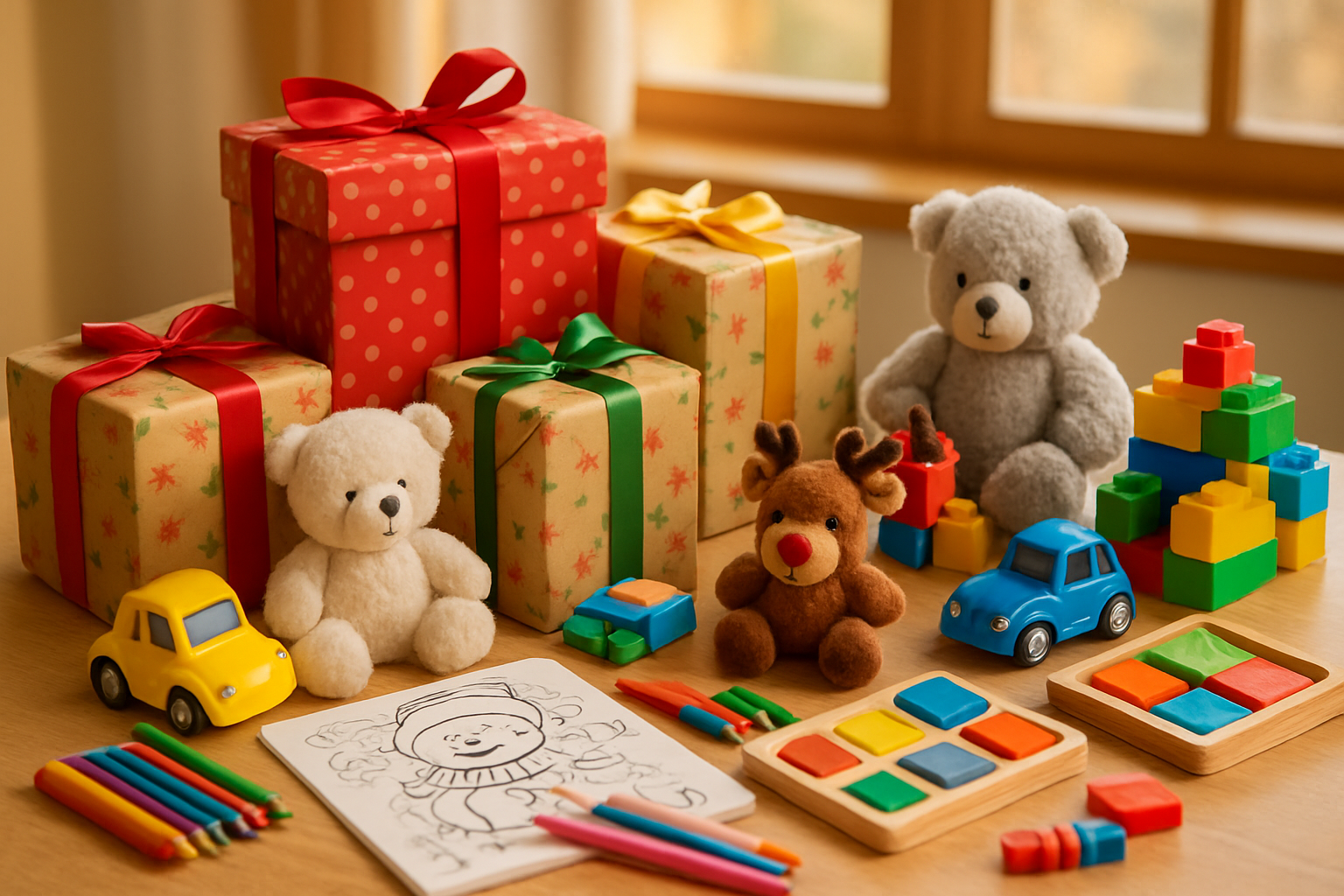 Create a realistic image of a colorful collection of affordable Christmas gifts for children arranged on a wooden table, including items like coloring books, small toy cars, building blocks, art supplies, puzzle games, small stuffed animals, and wrapped presents with bright ribbons, all displayed in an inviting and joyful manner with warm natural lighting streaming through a window, creating a cozy indoor setting that emphasizes the excitement and happiness these budget-friendly toys can bring to children, absolutely NO text should be in the scene.