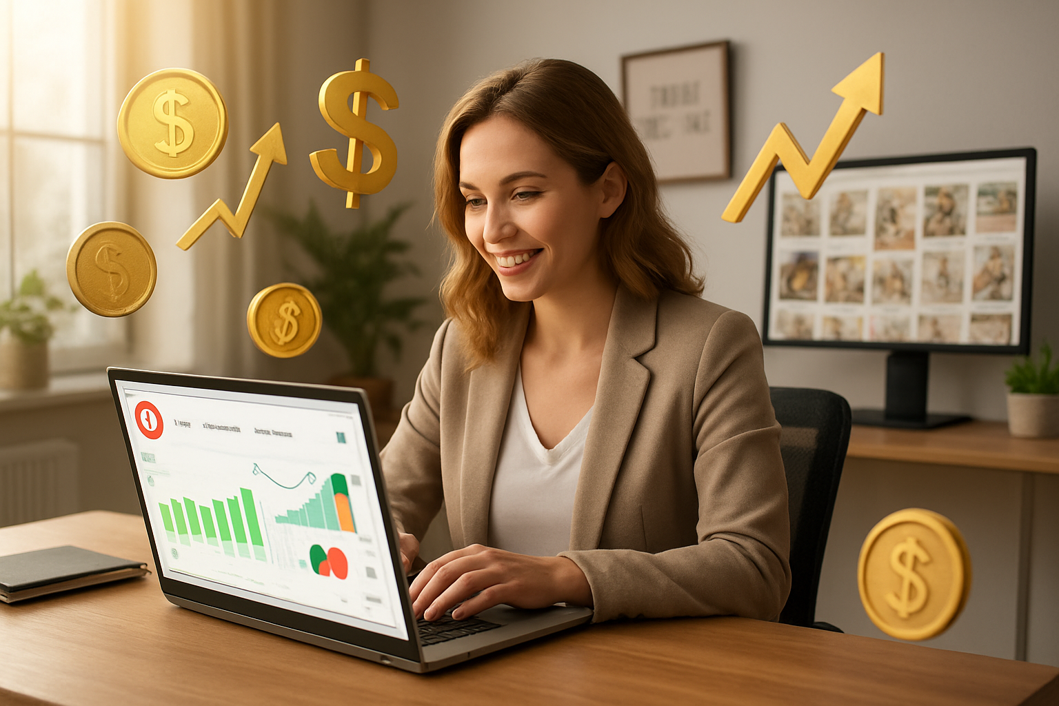 Create a realistic image of a white female entrepreneur sitting at a modern desk with a laptop displaying Pinterest analytics dashboard, surrounded by various monetization symbols including floating dollar signs, coins, and upward trending arrows, with Pinterest-style pins and boards visible on a secondary monitor, warm natural lighting from a window, professional home office background with plants and motivational decor, conveying success and financial growth through social media marketing, absolutely NO text should be in the scene.