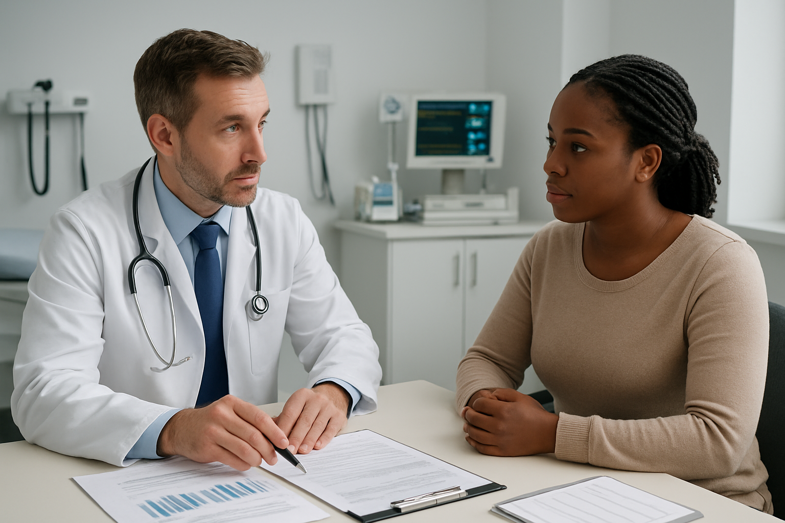 Create a realistic image of a modern medical consultation room with a white male doctor in a white coat discussing treatment protocols with a black female patient, showing medical charts and safety documentation on a desk between them, with medical equipment and safety monitoring devices visible in the background, professional clinical lighting, conveying trust and medical professionalism, absolutely NO text should be in the scene.
