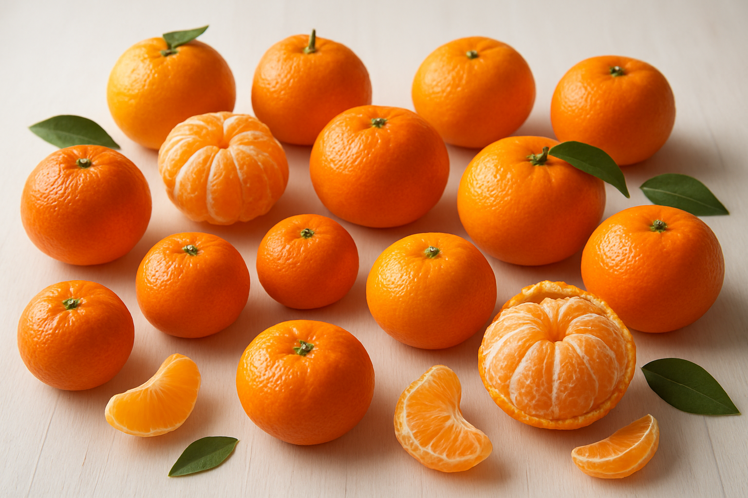 Create a realistic image of multiple varieties of tangerines arranged on a clean white wooden surface, showing different types including Clementines, Mandarins, and Satsumas with distinct sizes, colors ranging from bright orange to deep reddish-orange, some peeled to reveal segments, others whole with their natural dimpled skin texture visible, soft natural lighting from above creating gentle shadows, fresh green leaves scattered around some fruits, clean minimalist background with warm lighting that enhances the vibrant orange colors of the different tangerine varieties, absolutely NO text should be in the scene.