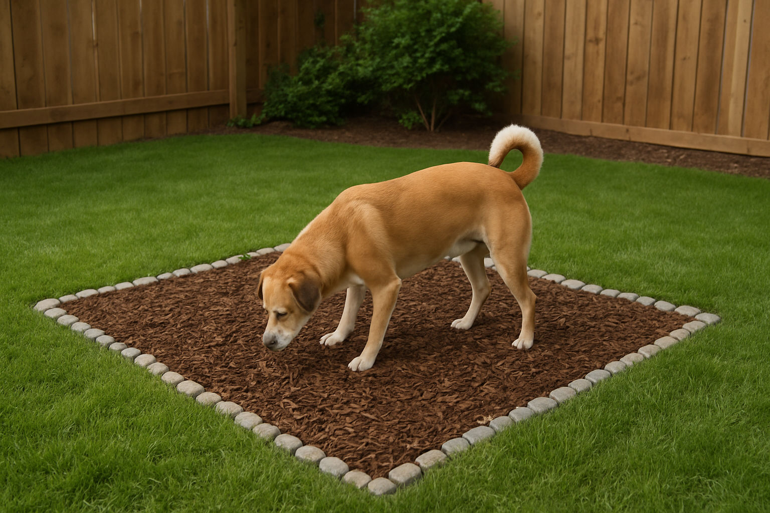 Create a realistic image of a well-maintained backyard dog potty area featuring a designated rectangular zone filled with natural brown mulch chips, bordered by small decorative stones or edging, surrounded by green grass lawn, with a medium-sized dog using the mulched area, set in a residential backyard with wooden fence in background, natural daylight lighting, clean and organized appearance that blends seamlessly with the landscape design. Absolutely NO text should be in the scene.