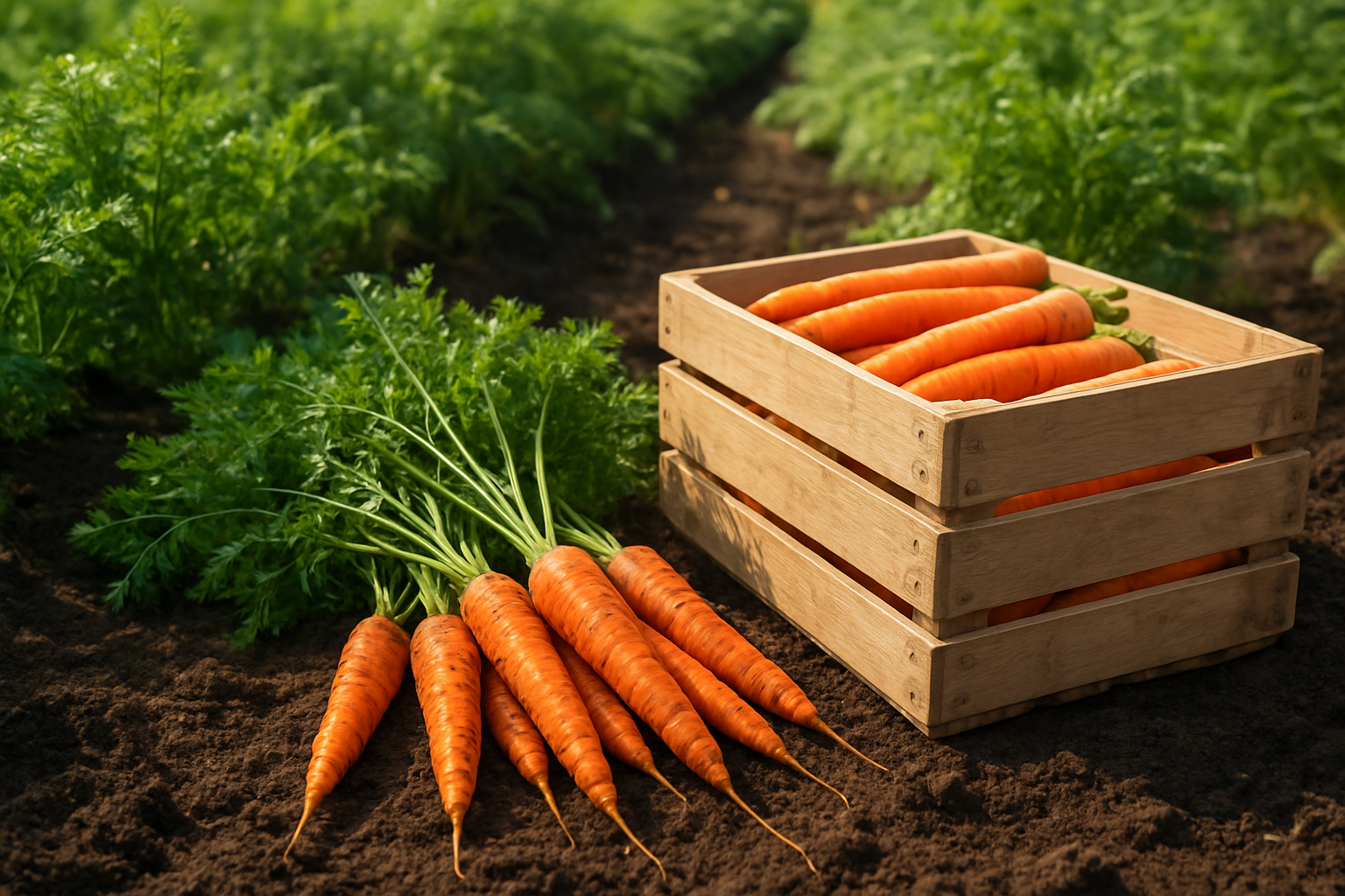 Create a realistic image of freshly harvested orange carrots with green leafy tops lying in rich, dark soil next to a wooden storage crate filled with cleaned carrots, set in a sunny garden with rows of carrot plants in the background, natural daylight illuminating the scene with a productive and abundant farming atmosphere, absolutely NO text should be in the scene.