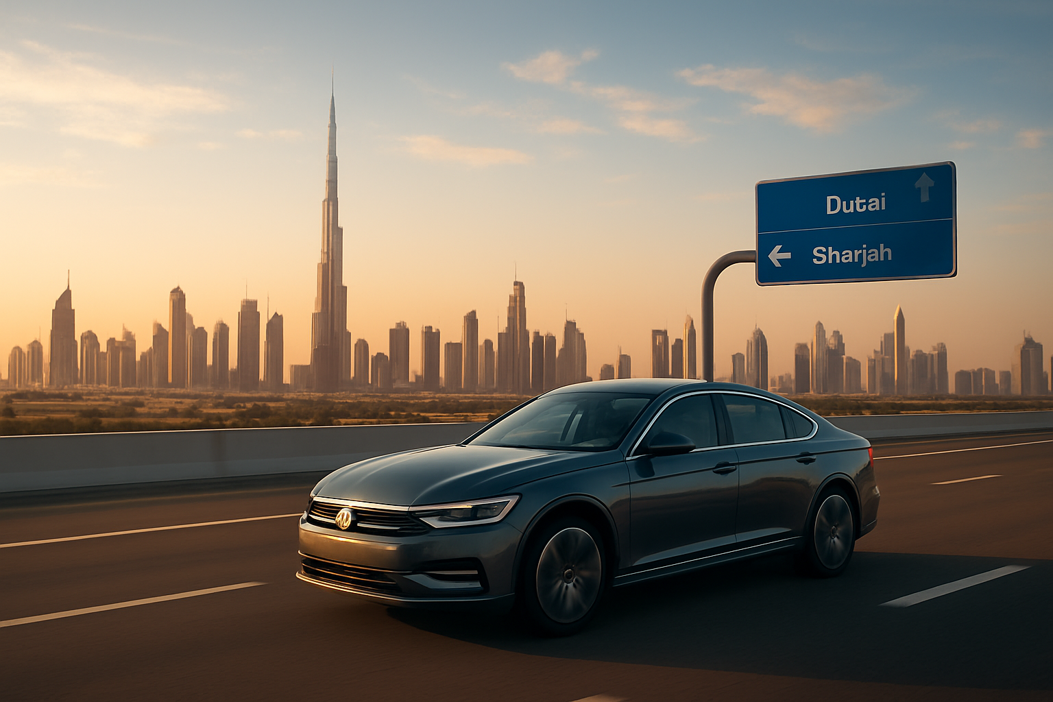 Create a realistic image of a modern luxury sedan driving on a smooth highway between Dubai and Sharjah with Dubai's iconic skyline featuring Burj Khalifa visible in the background, the car appears sleek and comfortable suggesting premium transfer service, golden hour lighting creates a warm and inviting atmosphere, the road is well-maintained and spacious indicating fast and efficient travel, subtle elements like road signs showing direction between the two emirates, the overall scene conveys professionalism, speed, comfort and reliability of transportation services, clear blue sky with soft clouds, absolutely NO text should be in the scene.