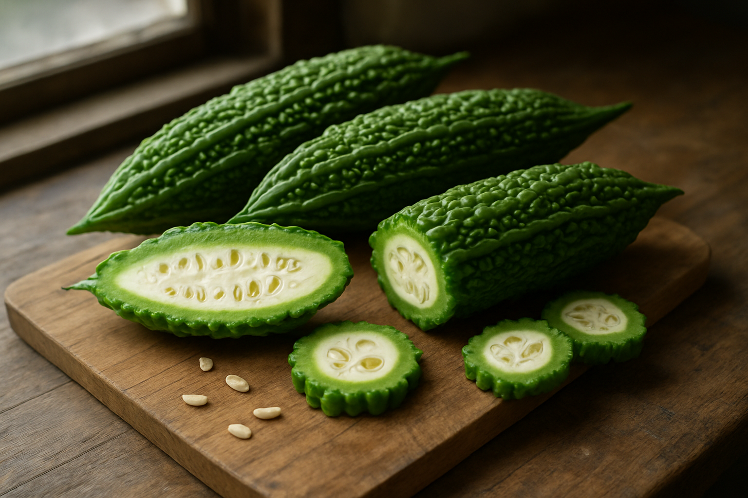 Create a realistic image of fresh bitter melon vegetables displayed on a wooden cutting board, showing both whole and halved bitter melons to reveal their distinctive ridged green exterior skin and white interior with visible seeds, placed on a rustic kitchen counter with natural daylight streaming from a window, highlighting the unique bumpy texture and pale green coloring that distinguishes bitter melon from other vegetables, with some scattered seeds visible and a few bitter melon slices arranged nearby to showcase the vegetable's characteristic appearance and internal structure, absolutely NO text should be in the scene.