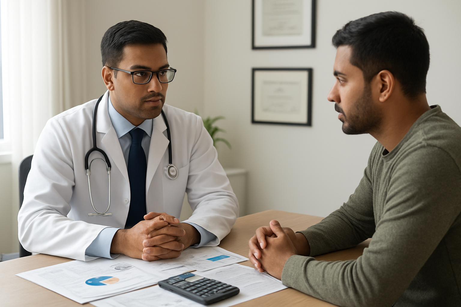 Create a realistic image of a clean modern medical consultation room with a professional Indian male doctor in a white coat sitting across from a South Asian male patient, with financial documents, cost breakdown charts, and calculator spread on a sleek desk between them, medical diplomas on the wall, soft natural lighting from a window, conveying a serious consultation atmosphere about treatment costs, absolutely NO text should be in the scene.