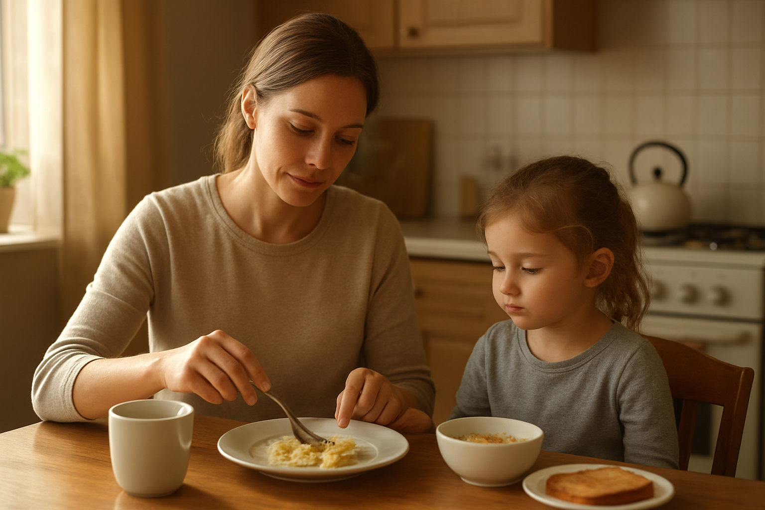 Create a realistic image of a white female mother in her 30s sitting at a kitchen table in the early morning light, carefully dividing a small portion of food on her plate to give more to her young child who sits beside her, while she keeps less for herself, with soft natural lighting streaming through a window, warm domestic atmosphere, simple breakfast setting with modest portions, the mother's gentle expression showing quiet contentment despite her sacrifice, kitchen background with typical family home elements, absolutely NO text should be in the scene.