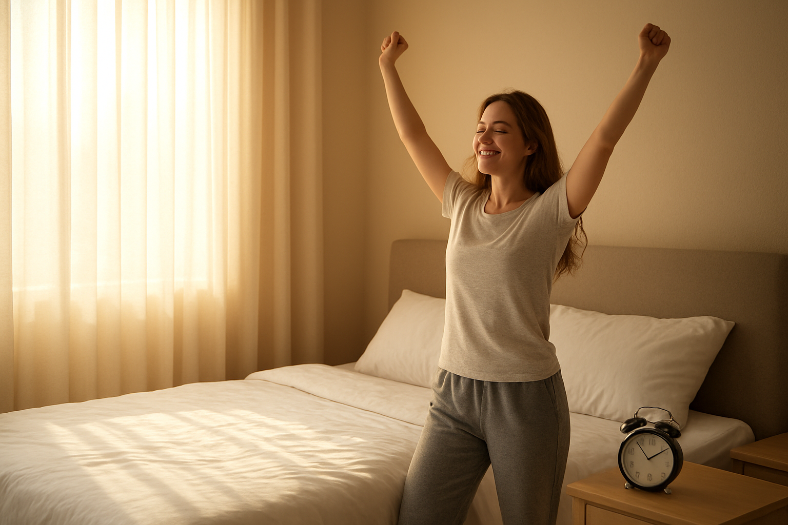 Create a realistic image of a peaceful bedroom scene in the early morning with soft golden sunlight streaming through sheer curtains, featuring a neatly made bed with white linens, a modern alarm clock on the nightstand showing 6:00 AM, and a white female in her late twenties standing beside the bed fully dressed in casual morning attire with a satisfied smile, stretching her arms upward in a victorious pose, conveying a sense of accomplishment and energy, with warm natural lighting creating a positive and refreshing atmosphere that represents successful morning routine and overcoming oversleeping habits, absolutely NO text should be in the scene.