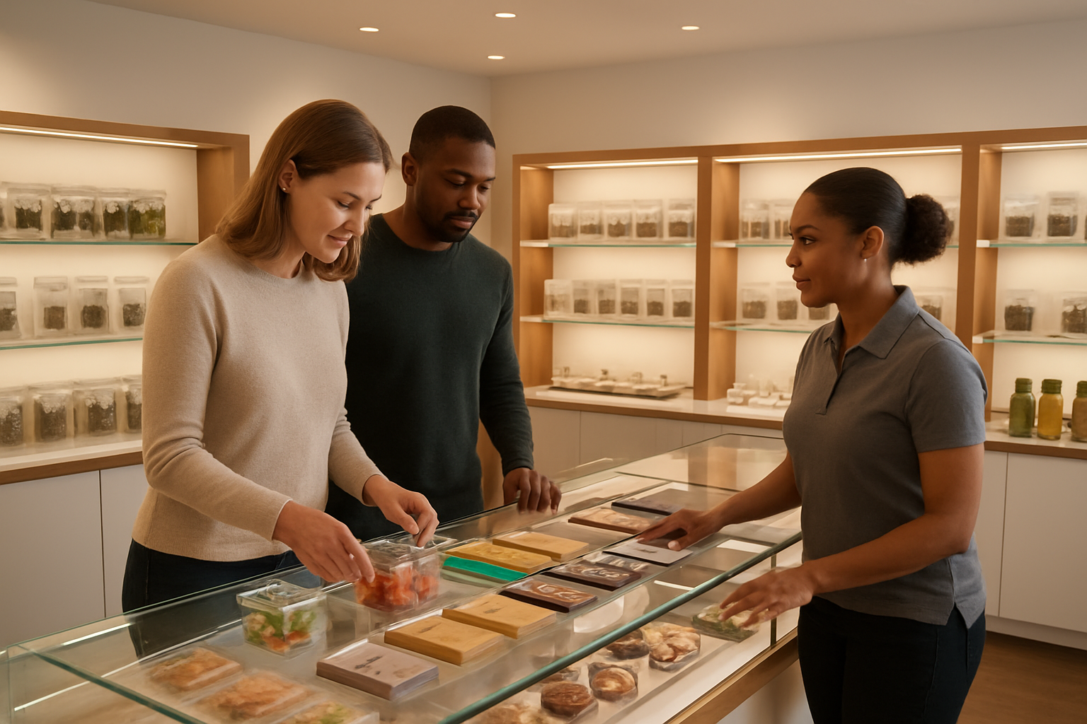 Create a realistic image of a modern dispensary interior showcasing various cannabis edible products displayed on clean glass shelves and counters, including colorful gummies, chocolate bars, beverages, and baked goods in professional packaging, with soft warm lighting highlighting the products, a sleek contemporary retail environment with white and wood accents, and diverse customers including a white female and black male browsing the selection while a dispensary employee assists them, conveying a professional and welcoming atmosphere that emphasizes the legitimate retail nature of the cannabis edibles market, absolutely NO text should be in the scene.