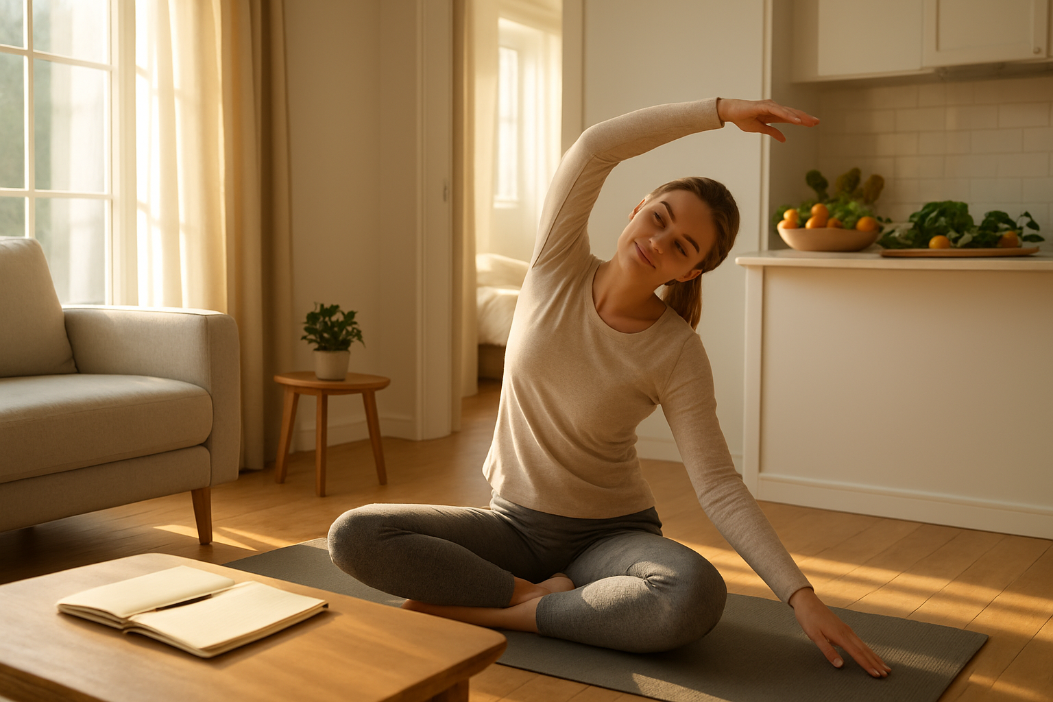 Create a realistic image of a peaceful home environment showing a fresh start after the holidays, featuring a clean and organized living room with natural morning sunlight streaming through large windows, a white female in her 30s doing gentle stretching exercises on a yoga mat, healthy fresh fruits and vegetables arranged on a kitchen counter visible in the background, a made bed in an adjacent bedroom, a small potted plant on a side table, and a journal with a pen placed on a coffee table, all conveying a sense of renewal, wellness, and organized productivity in soft, warm lighting that suggests a new beginning, absolutely NO text should be in the scene.