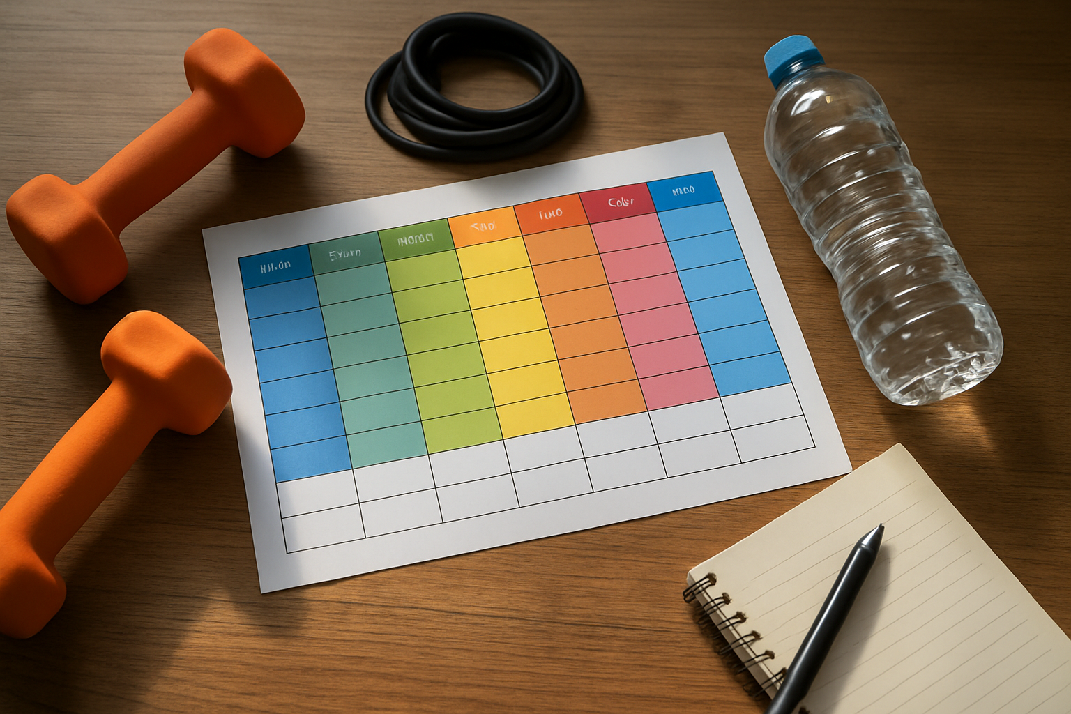 Create a realistic image of a fitness training schedule chart or workout plan laid out on a wooden desk, featuring colorful weekly calendar grids with different exercise categories marked, surrounded by fitness equipment like dumbbells, resistance bands, and a water bottle, with a notebook and pen nearby, shot from above with natural lighting from a window, creating an organized and motivational atmosphere for muscle building program planning, absolutely NO text should be in the scene.