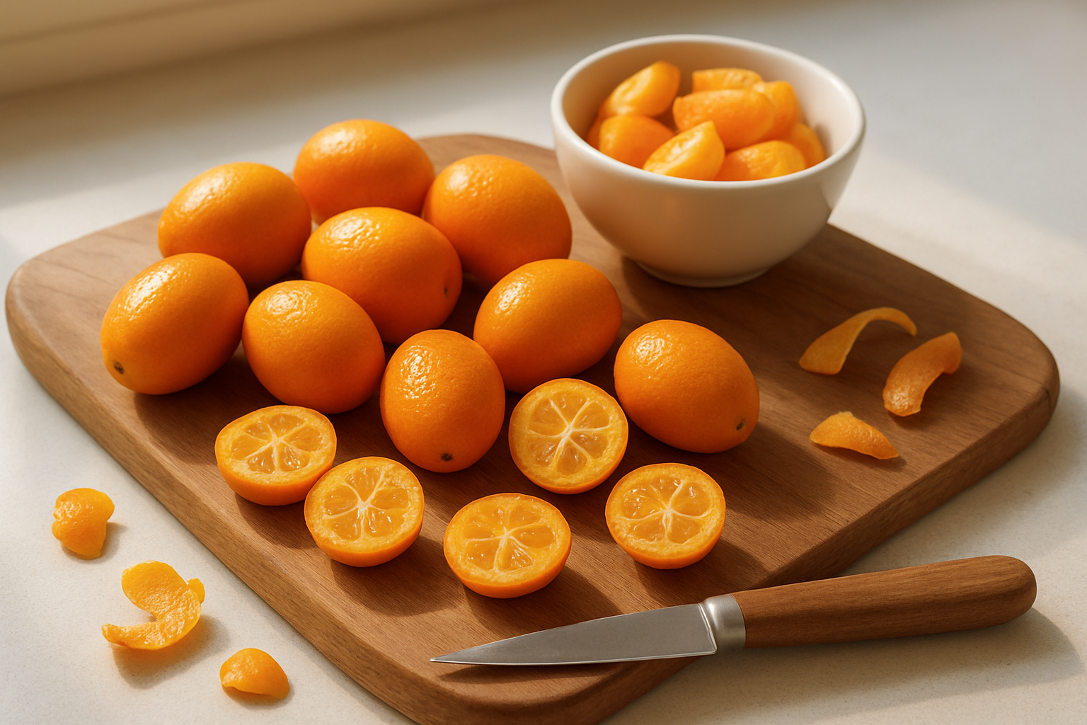 Create a realistic image of a wooden cutting board with fresh whole kumquats and sliced kumquats arranged artistically, alongside a small white bowl containing kumquat segments, a sharp paring knife, and scattered kumquat peels, set on a clean kitchen counter with natural daylight streaming from a nearby window creating soft shadows, captured from a slightly elevated angle to showcase the vibrant orange color and glossy texture of the kumquats, with a warm and inviting atmosphere that emphasizes the fresh, appetizing quality of the fruit, absolutely NO text should be in the scene.