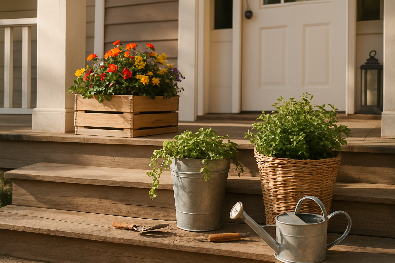 Create a realistic image of a beautiful front porch with three different styled planters showcasing easy DIY designs, including a wooden crate planter with colorful flowers, a galvanized metal bucket with trailing plants, and a wicker basket with green foliage, all arranged on wooden porch steps with a cozy home entrance in the background, warm afternoon lighting creating welcoming shadows, scattered gardening materials like small hand tools and watering can nearby suggesting recent completion of the project, absolutely NO text should be in the scene.