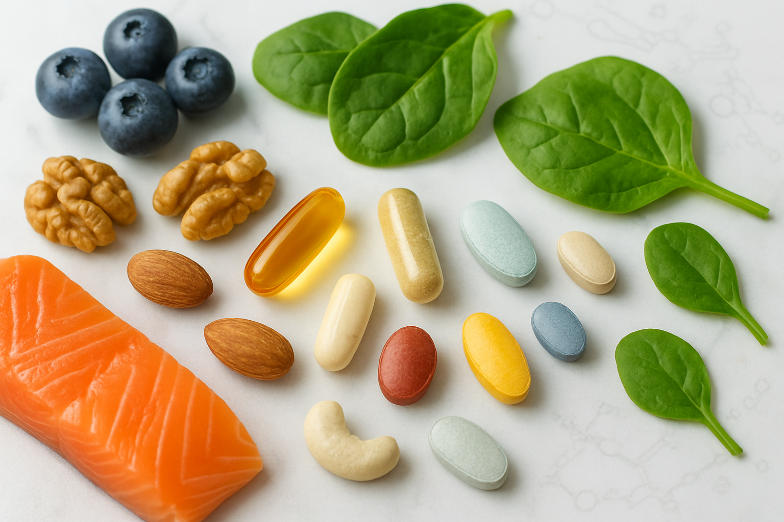 Create a realistic image of colorful micronutrient supplements including vitamin capsules, mineral tablets, and antioxidant pills arranged on a clean white marble surface alongside fresh vibrant foods like blueberries, spinach leaves, nuts, and salmon, with soft natural lighting from above creating gentle shadows, cellular pathway diagrams subtly visible in the background as microscopic illustrations, conveying a scientific yet approachable mood about nutritional longevity, absolutely NO text should be in the scene.