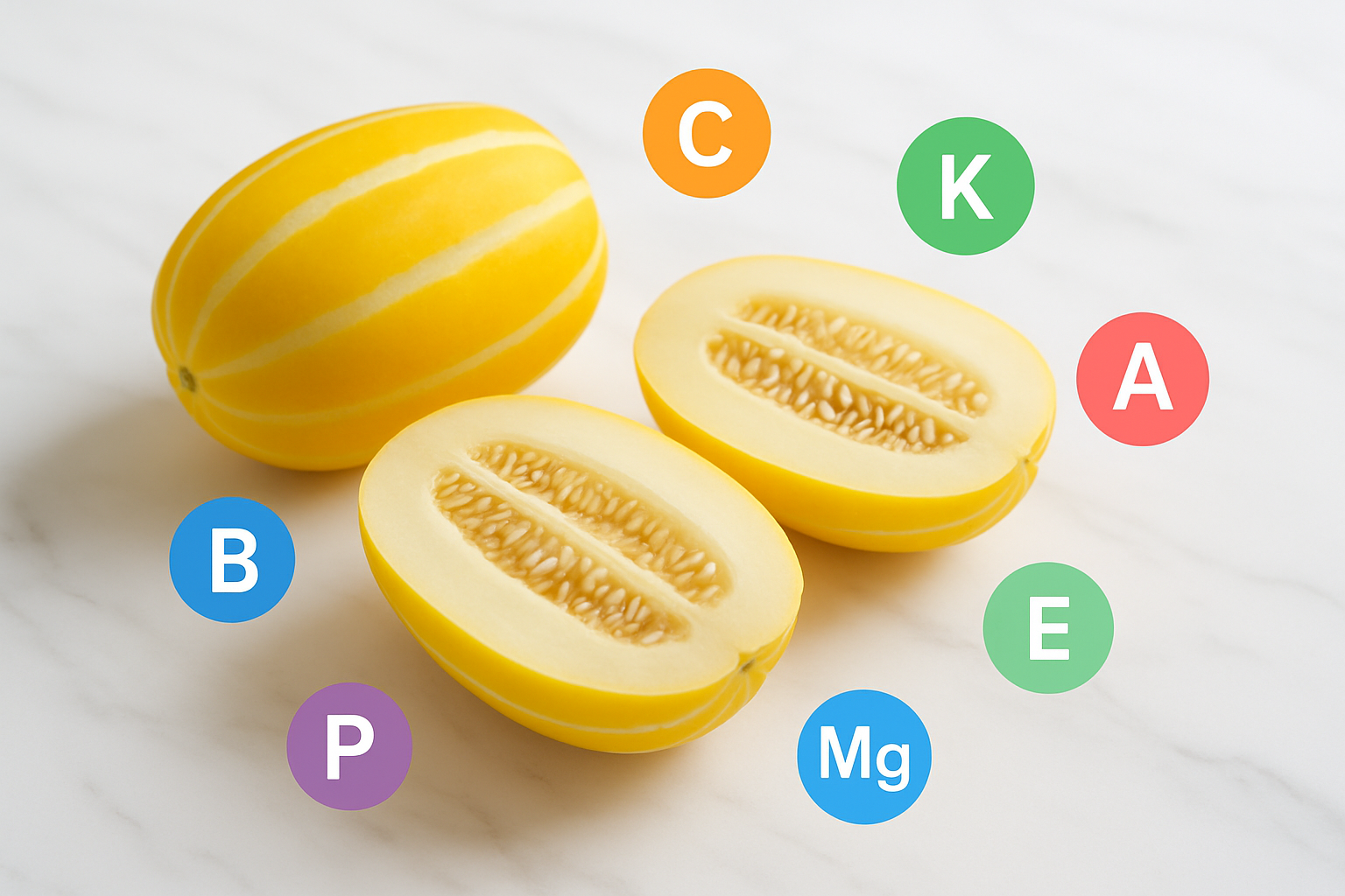 Create a realistic image of fresh Korean melons cut open displaying their pale yellow flesh and white seeds, arranged alongside colorful nutritional icons representing vitamins and minerals floating subtly around them, set on a clean white marble surface with soft natural lighting from above, creating a fresh and healthy atmosphere that emphasizes the nutritional value of the fruit, absolutely NO text should be in the scene.