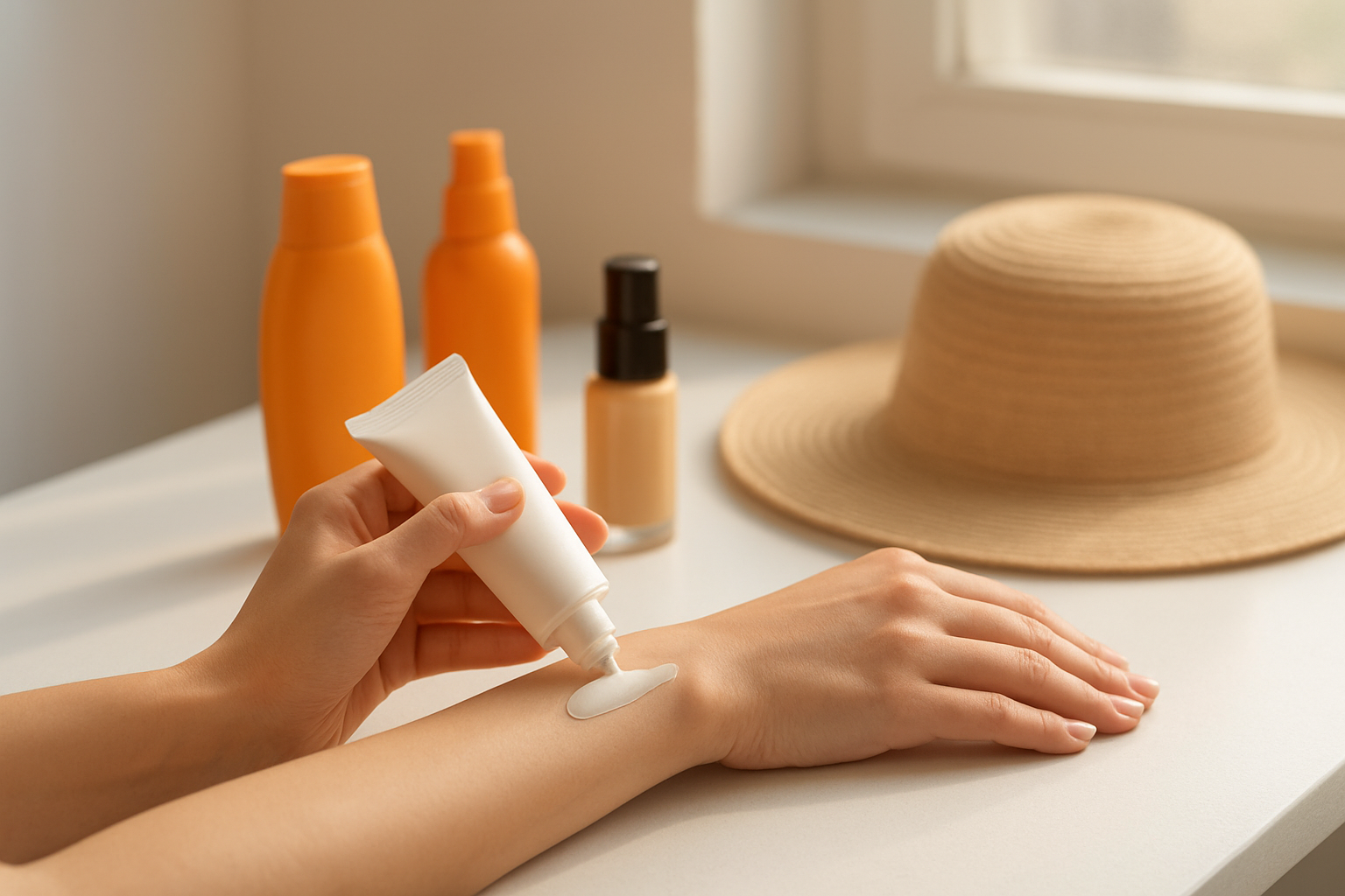 Create a realistic image of a white female hand applying sunscreen from a tube onto her arm while various sun protection products including sunscreen bottles, makeup foundation with SPF, and a wide-brimmed hat are neatly arranged on a clean white bathroom counter, with soft natural morning light streaming through a nearby window creating gentle shadows, emphasizing a methodical daily skincare routine preparation scene. Absolutely NO text should be in the scene.