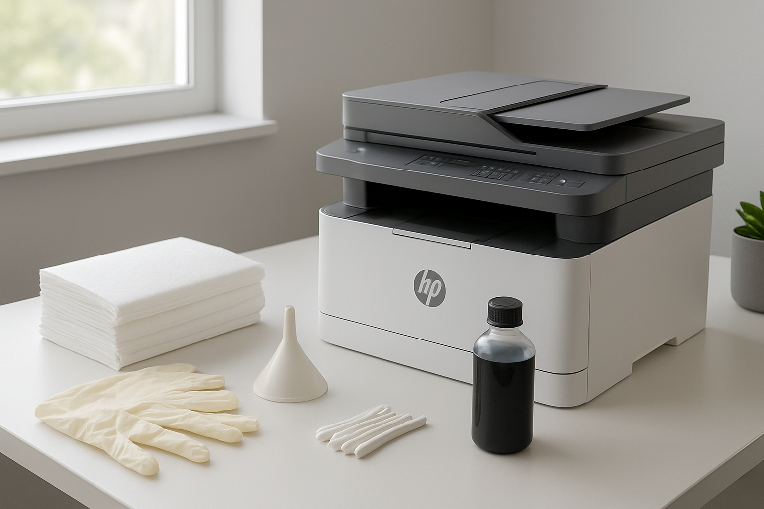 Create a realistic image of a clean, organized workspace with an HP MFP 139fnw printer prominently displayed on a white desk, surrounded by preparation items including latex gloves, paper towels, a small funnel, cotton swabs, and a bottle of black printer ink, with good natural lighting from a window creating a professional office atmosphere, showing everything neatly arranged and ready for a toner refill procedure, absolutely NO text should be in the scene.