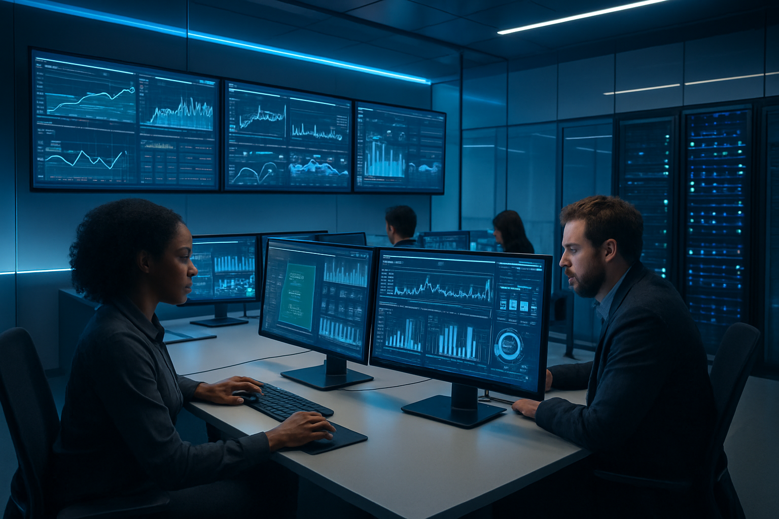 Create a realistic image of a modern sports analytics control room with multiple large wall-mounted displays showing real-time data visualizations, performance metrics, and strategic dashboards, featuring a diverse team of analysts including a black female data scientist and white male sports strategist working at sleek workstations with multiple monitors, surrounded by high-tech equipment and servers, set in a clean, futuristic environment with cool blue LED lighting and glass panels, conveying efficiency and competitive advantage through technology, absolutely NO text should be in the scene.