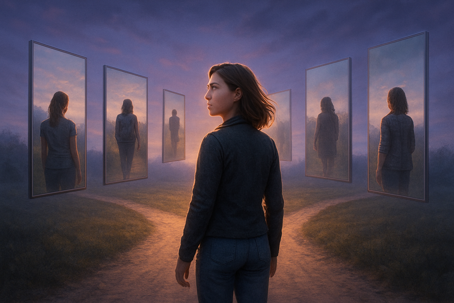 Create a realistic image of a young white female standing at a crossroads with multiple mirror-like windows floating around her, each reflecting different life paths and possibilities, while she looks forward with determination rather than gazing into the comparative reflections, set against a twilight sky with soft purple and blue hues, warm golden light emanating from the path ahead, creating an atmosphere of hope and self-discovery, with the mirrors gradually fading into transparency to symbolize breaking free from comparison, absolutely NO text should be in the scene.