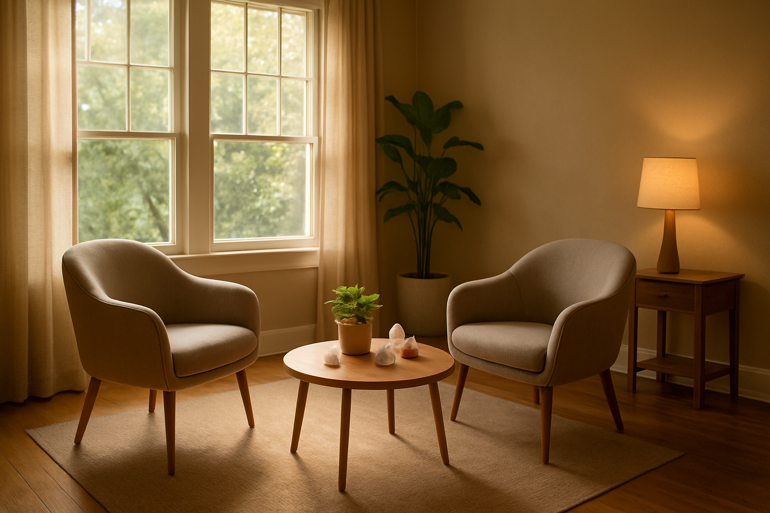 Create a realistic image of a serene therapy room with warm, natural lighting streaming through large windows, featuring a comfortable seating area with two modern chairs facing each other, a small table with natural elements like plants and crystals, soft earth-toned colors throughout the space, wooden flooring, and peaceful ambient lighting that creates a sense of healing and recovery, with the overall atmosphere conveying hope, transformation, and therapeutic progress. Absolutely NO text should be in the scene.