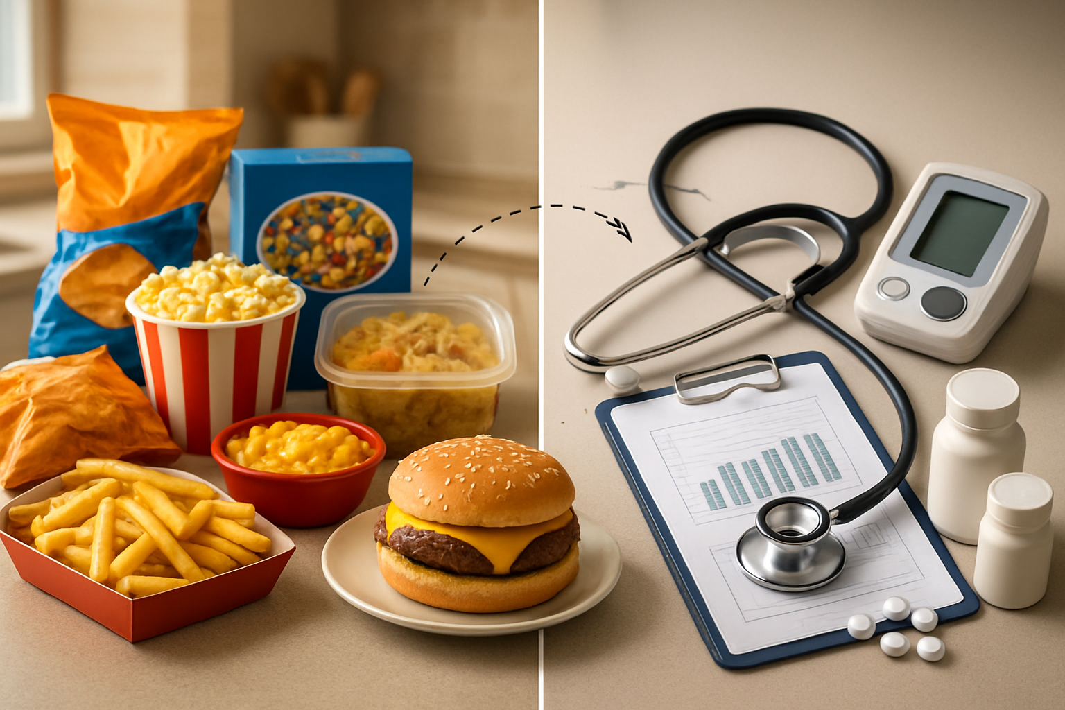 Create a realistic image of a split-screen composition showing on the left side various processed foods including packaged snacks, frozen meals, sugary cereals, and fast food items arranged on a kitchen counter, and on the right side medical elements like a stethoscope, blood pressure monitor, medication bottles, and a clipboard with health charts, connected by subtle visual elements like arrows or dotted lines suggesting the relationship between processed food consumption and health consequences, with soft natural lighting from a window, warm kitchen atmosphere transitioning to clinical medical setting, emphasizing the contrast between appealing processed foods and their hidden health impacts, absolutely NO text should be in the scene.