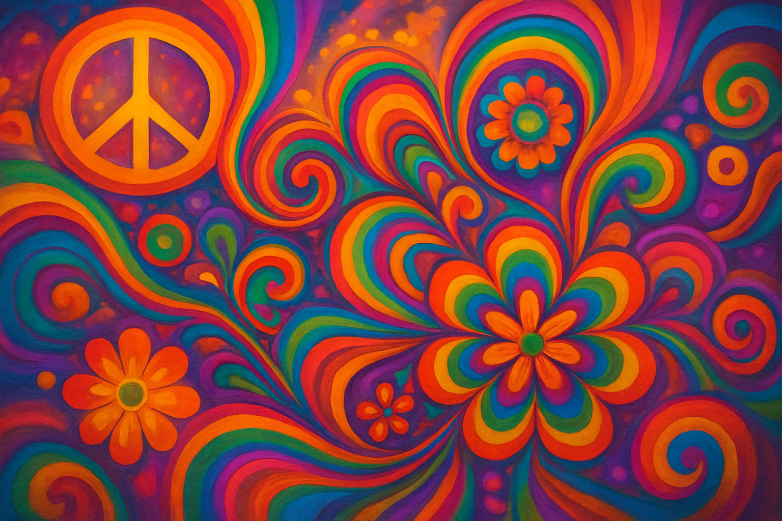 Create A Realistic Image Of A Vibrant 1960S Psychedelic Scene Featuring Colorful Swirling Patterns, Kaleidoscopic Designs, And Rainbow Gradients Flowing Across The Frame, With Vintage 60S Elements Like Peace Symbols, Flower Power Motifs, And Groovy Geometric Shapes, Set Against A Dreamy, Surreal Background With Warm Golden And Purple Lighting That Captures The Essence Of The Psychedelic Era, Absolutely No Text Should Be In The Scene.