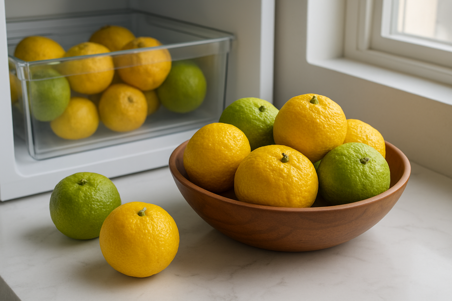 Create a realistic image of fresh yuzu fruits displayed in a modern kitchen setting, with some yuzu stored in a refrigerator crisper drawer visible in the background, others arranged in a wooden bowl on a clean marble countertop, showing various stages of ripeness from green to golden yellow, with soft natural lighting from a nearby window creating gentle shadows, emphasizing the textured bumpy skin of the citrus fruits, absolutely NO text should be in the scene.
