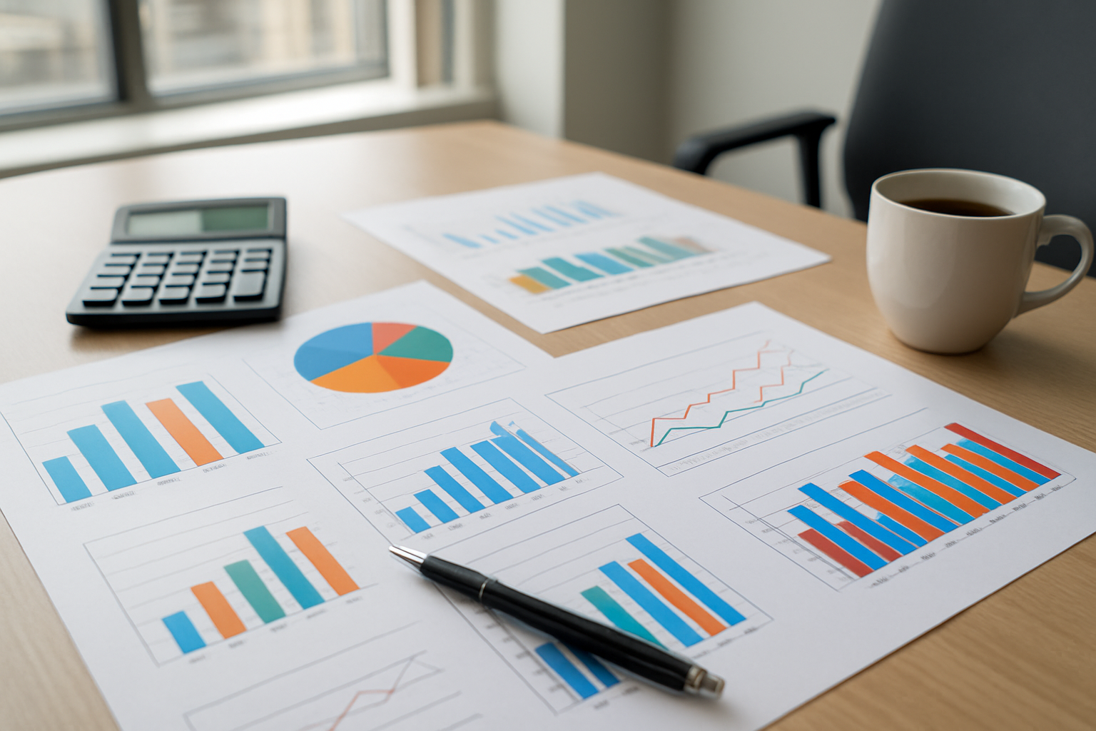 Create a realistic image of a professional financial workspace showing a diverse investment portfolio visualization with multiple asset types including stocks, bonds, real estate, and commodities represented through charts, graphs, and financial documents spread across a modern desk, with a calculator, pen, and coffee cup as complementary elements, set against a clean office background with natural lighting from a window, conveying a focused and organized mood for strategic financial planning, absolutely NO text should be in the scene.