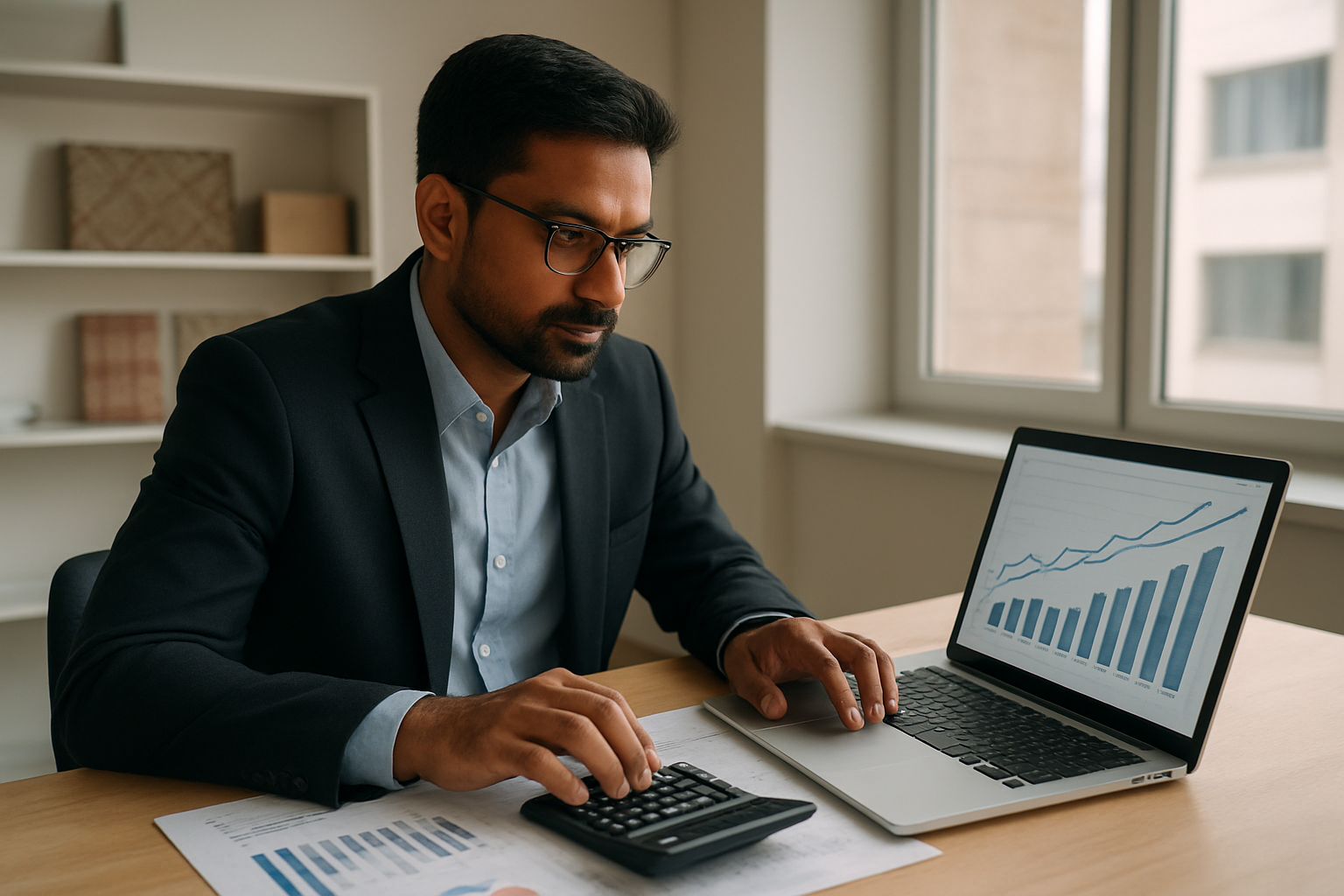Create a realistic image of a professional South Asian male business analyst in a modern office setting, sitting at a desk with a laptop computer, calculator, and financial documents spread out, with charts and graphs showing upward trending profit margins visible on the laptop screen, warm natural lighting from a large window, clean contemporary office background with subtle Indian textile samples displayed on shelves, focused concentrated mood as he analyzes financial data, absolutely NO text should be in the scene.